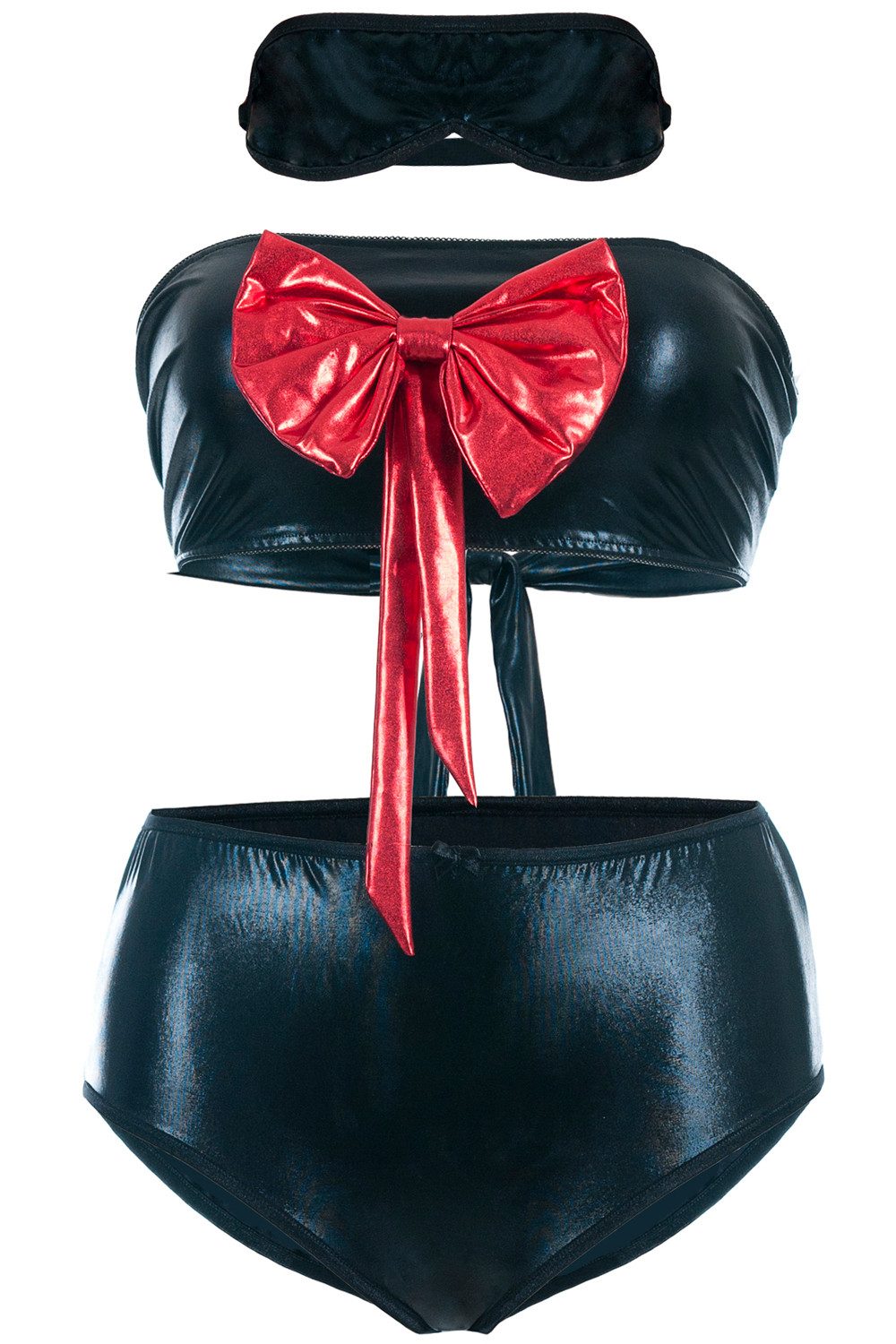 Top & Shorts Schwarzes Wetlook Dessous Set mit Netz aus kurzem Top, Panty und Augen