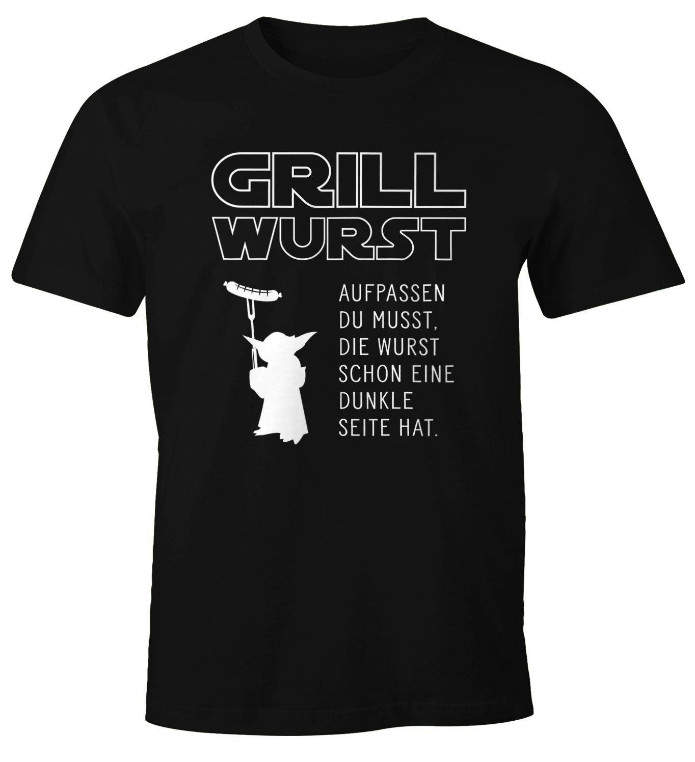 Wurst Nerd musst, Grill schon Print hat Herren mit Seite Barbecue MoonWorks BBQ Wurst Aufpassen Print-Shirt dunkle Moonworks® T-Shirt Fun-Shirt eine die du