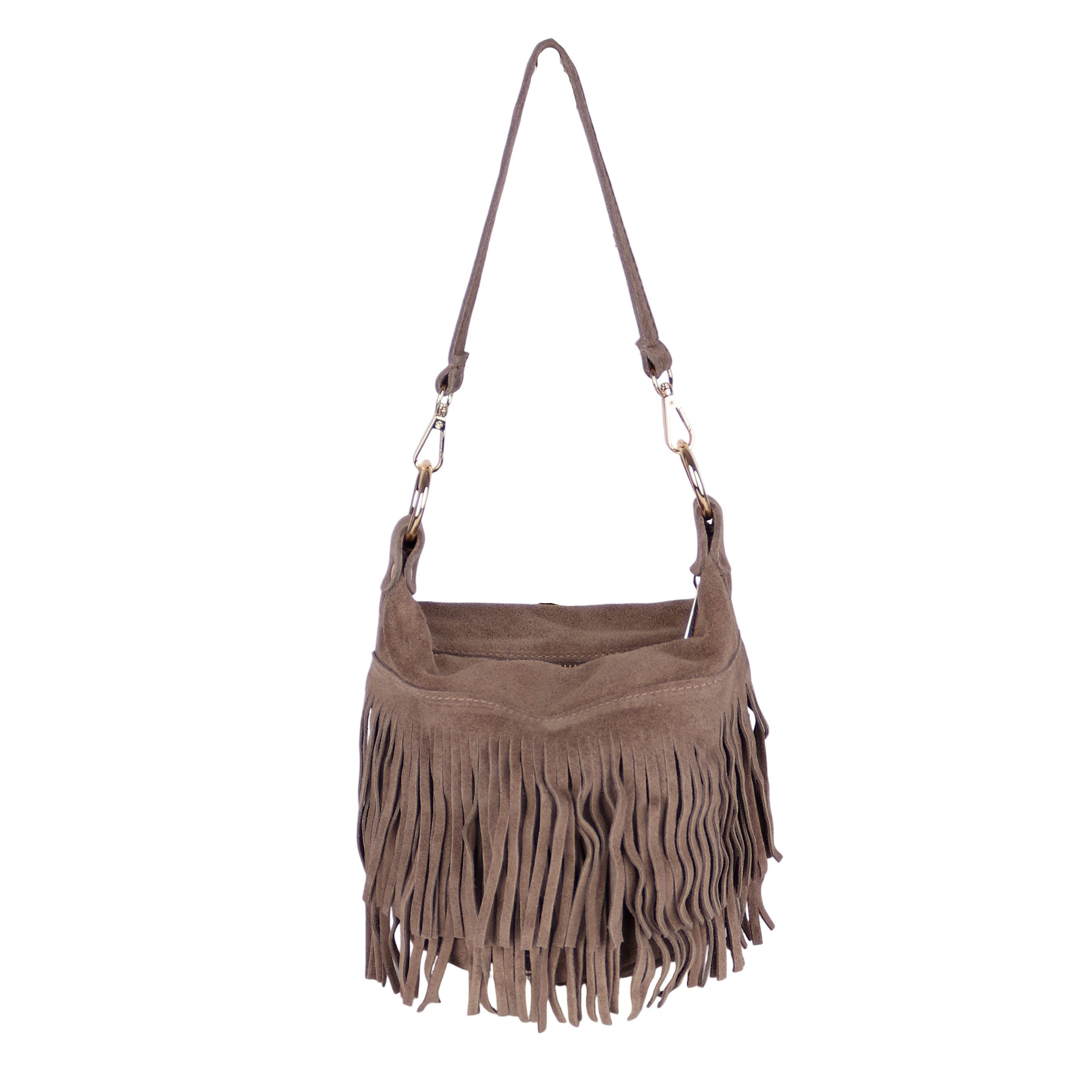 MIRROSI Umhängetasche Damen Tasche aus Echtleder Wildleder –mit Fransen ca.22x20x15 cm (Made in Itlay), Crossbody aus echtem Leder, mit 2 Riemen