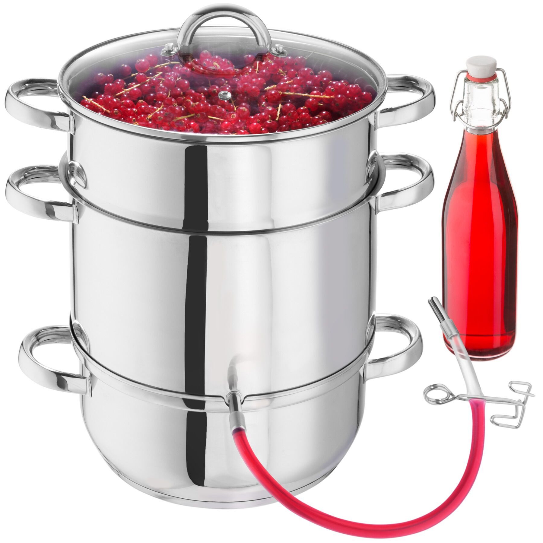 tectake Entsafter 7-tlg. Dampf-Saftbereiter Ø 26 cm aus Edelstahl, mit Glasdeckel, 0 W, 15 Liter, für Obst und Gemüse, induktionsgeeignet, spülmaschinenfest