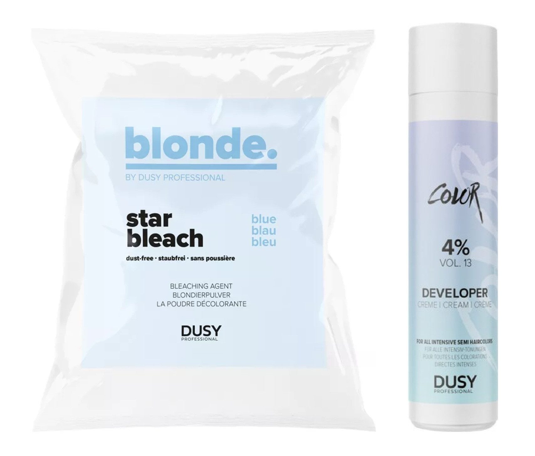 Dusy Professional Blondierpulver Dusy Star Bleach Blondierpulver 100g + Creme Developer 12% 250ml, Spar-Set, mit 4% Entwickler