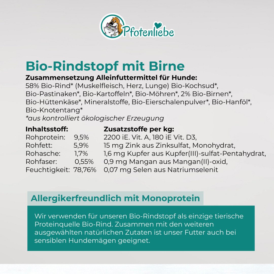 Pfotenliebe Bio-Rindstopf mit Birnen - getreidefrei 6x200g, Nassfutter für: Hunde