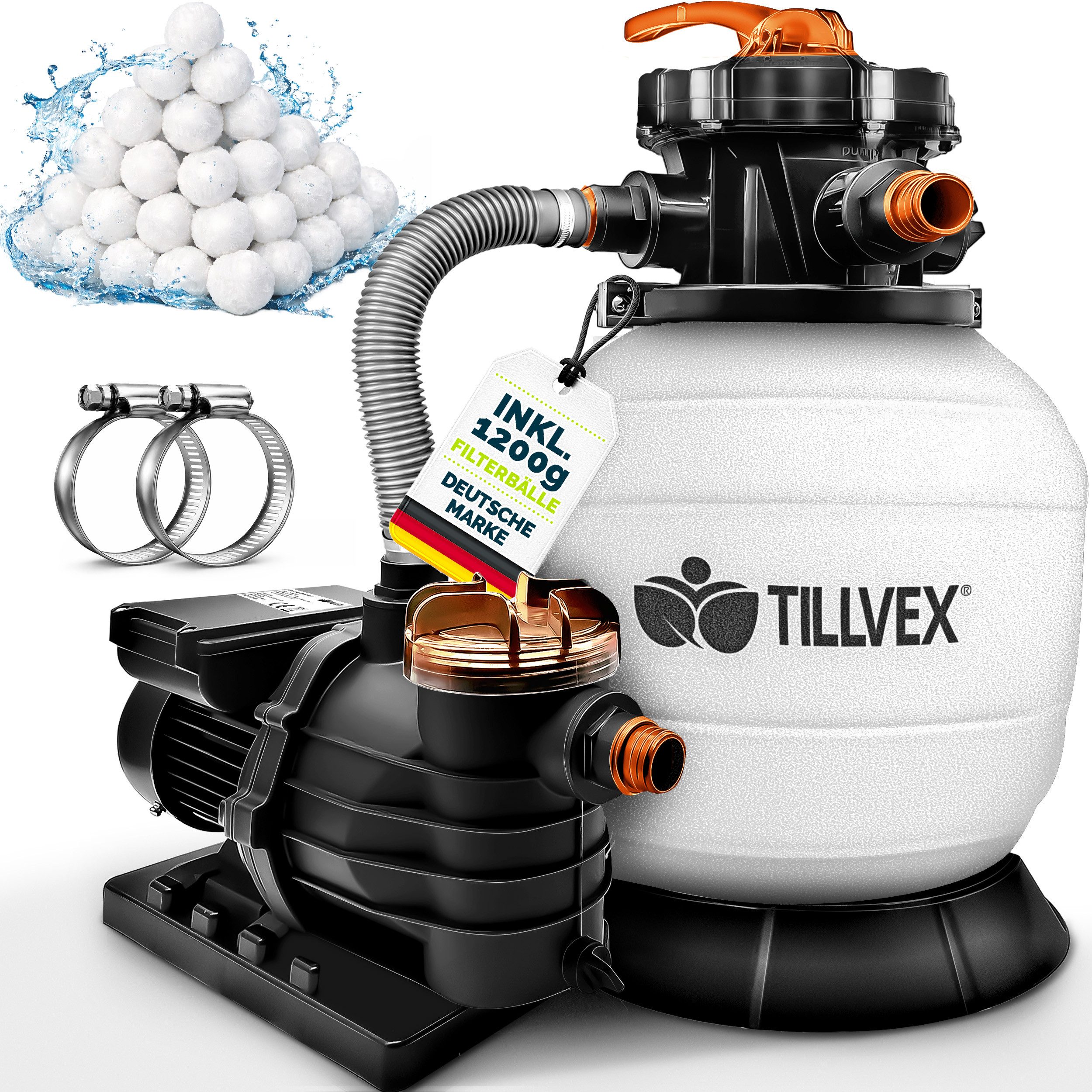 tillvex Sandfilteranlage tillvex Sandfilteranlage 13.200L/h mit 1200g Filterbällen + Pumpe (Poolfilter Selbstansaugend Sandfilter Schwimmbecken, Filteranlage 7-Wege Ventil & 2in1 Adapter Ø32-38mm), Pool 13.200L/h bis 40.000L + 1200g Filterbälle