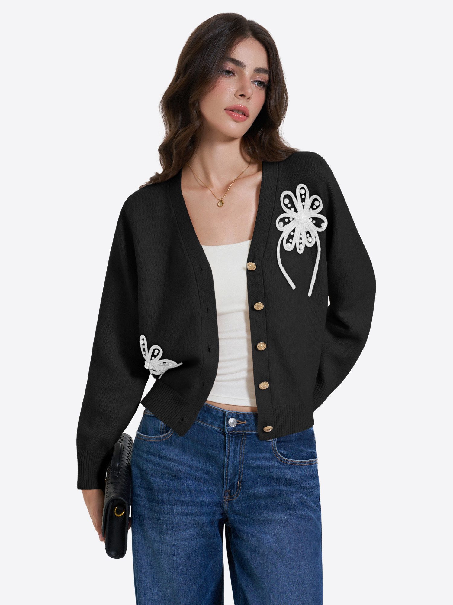 Imily Bela Cardigan Damen Strickcardigan mit Blütenapplikationen (Packung, 1-tlg., 1per-Pack) mit Knöpfen