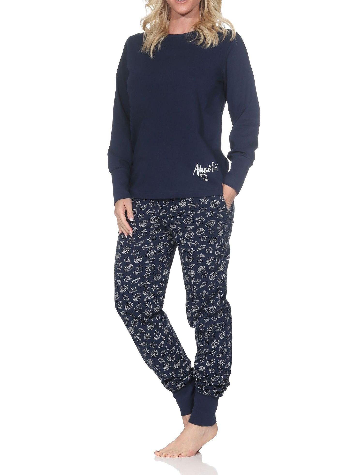 Normann Pyjama Normann Damen Schlafanzug mit Bündchen in maritimer Optik – Bild 3 von 5