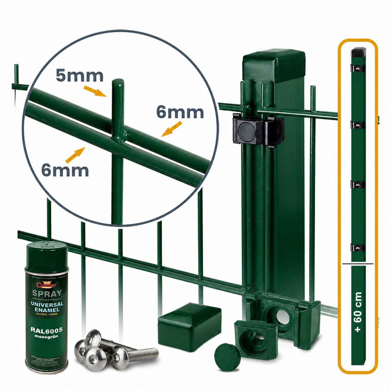 Roysson Garden Doppelstabmattenzaun 6/5/6 Komplett-Set inkl. Pfosten zum Einbetonieren – RAL 6005 Grün, (Set), pulverbeschichtet, UV-beständig, rost- und korrosionsbeständig