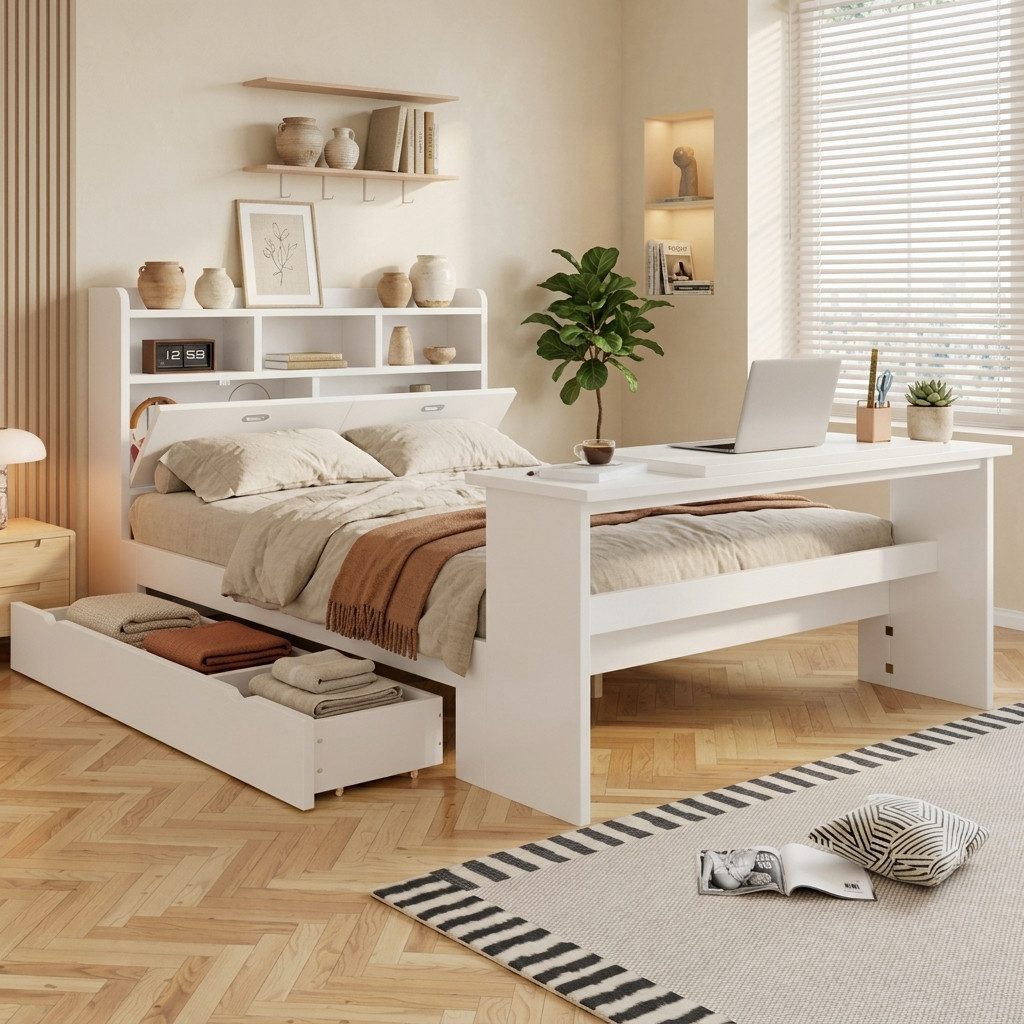 Flieks Holzbett, Kinderbett 140x200cm mit Stauraum, Schublade, verstellbarem Klapptisch