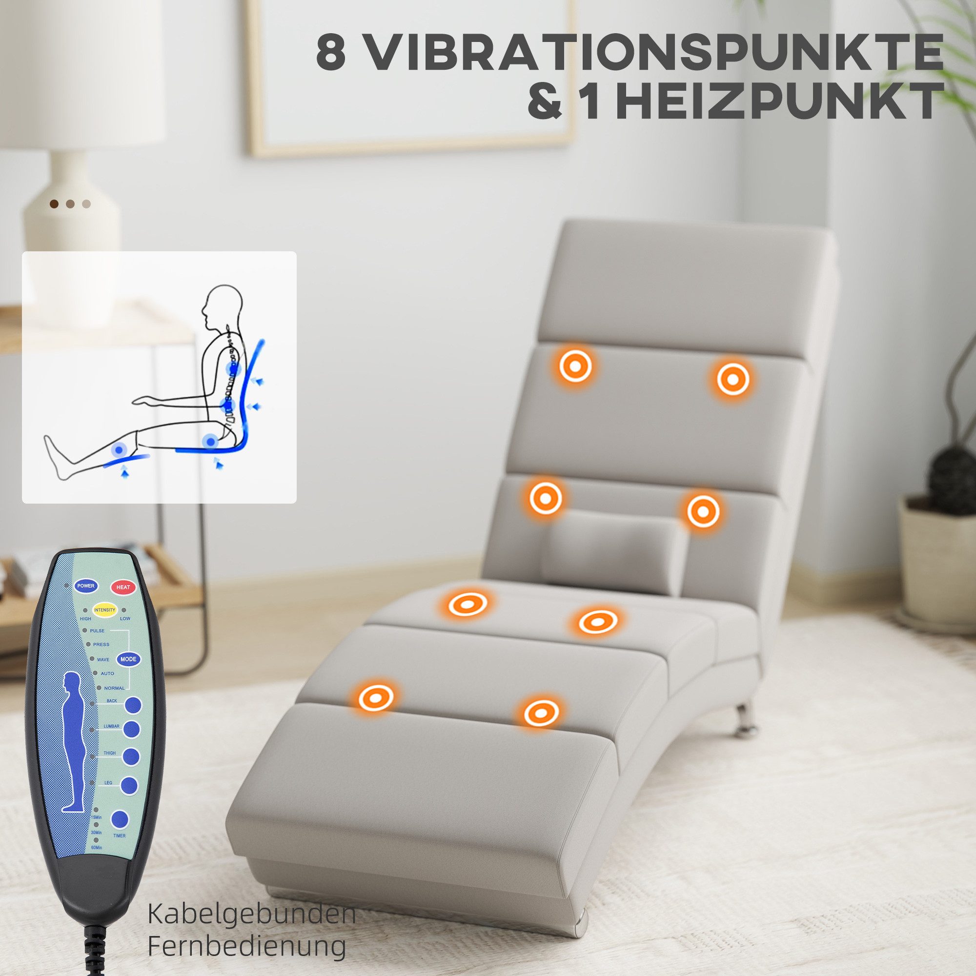 HOMCOM Massagesessel Relaxsessel TV Sessel mit Liegefunktion Massage Wärmefunktion (Relaxsessel, 1-St., Elektrisch Fernsehsessel), TV Sessel mit Lendenkissen Se – Bild 4 von 5