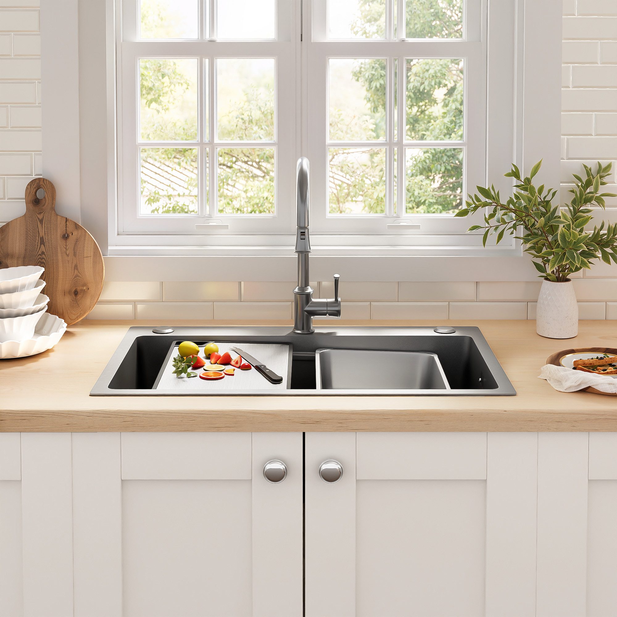 Flieks Edelstahlspüle Küchenspüle Waschbecken mit Schneidebrett, Siebkorb und Abflusszubehör, rechteckig, 75/45 cm, flächenbündiger Einbau, PVD-beschichtete Einbauspüle Spülebecken aus Edelstahl