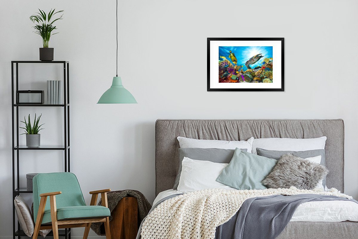 MuchoWow Poster Schildkröte - Meer Gerahmtes - mit Poster, Koralle, Kunstdruck, (1 St), Bilderrahmen Rahmen, Schwarzem