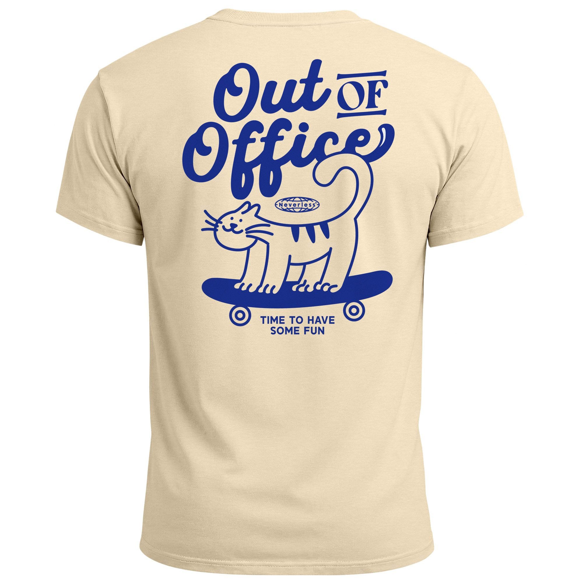 Print-Shirt Herren T-Shirt Backprint Out of Office Grafikshirt Katze Schriftzug