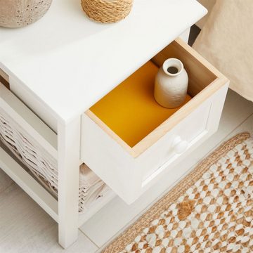 CARO-Möbel Nachttisch, Nachttisch aus Holz in weiß mit 1 Schublade und Korb Kommode Vintage B