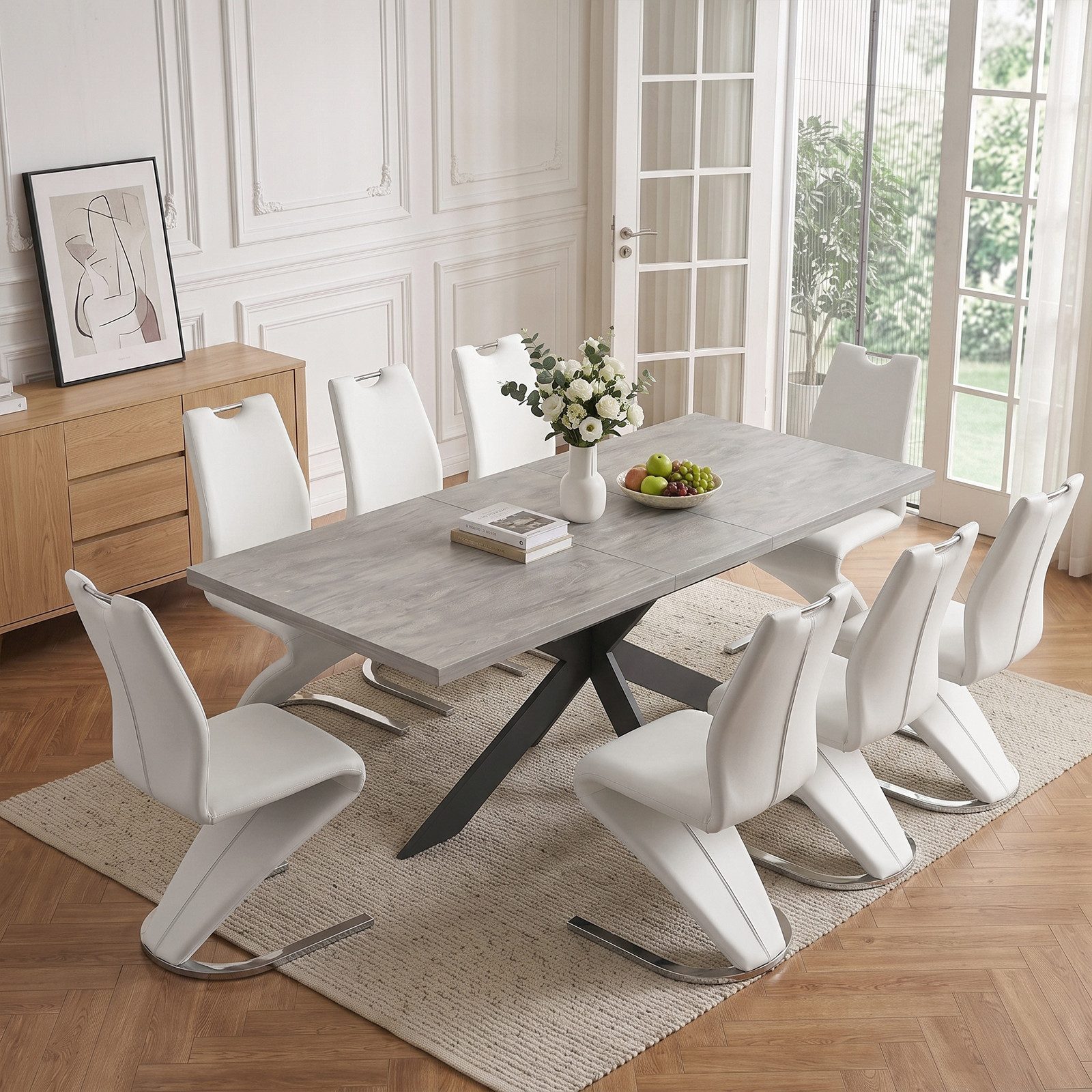 Jiexi Essgruppe Ausziehbarer Esstisch 160-200cm MDF Set PU Leder Freischwinger