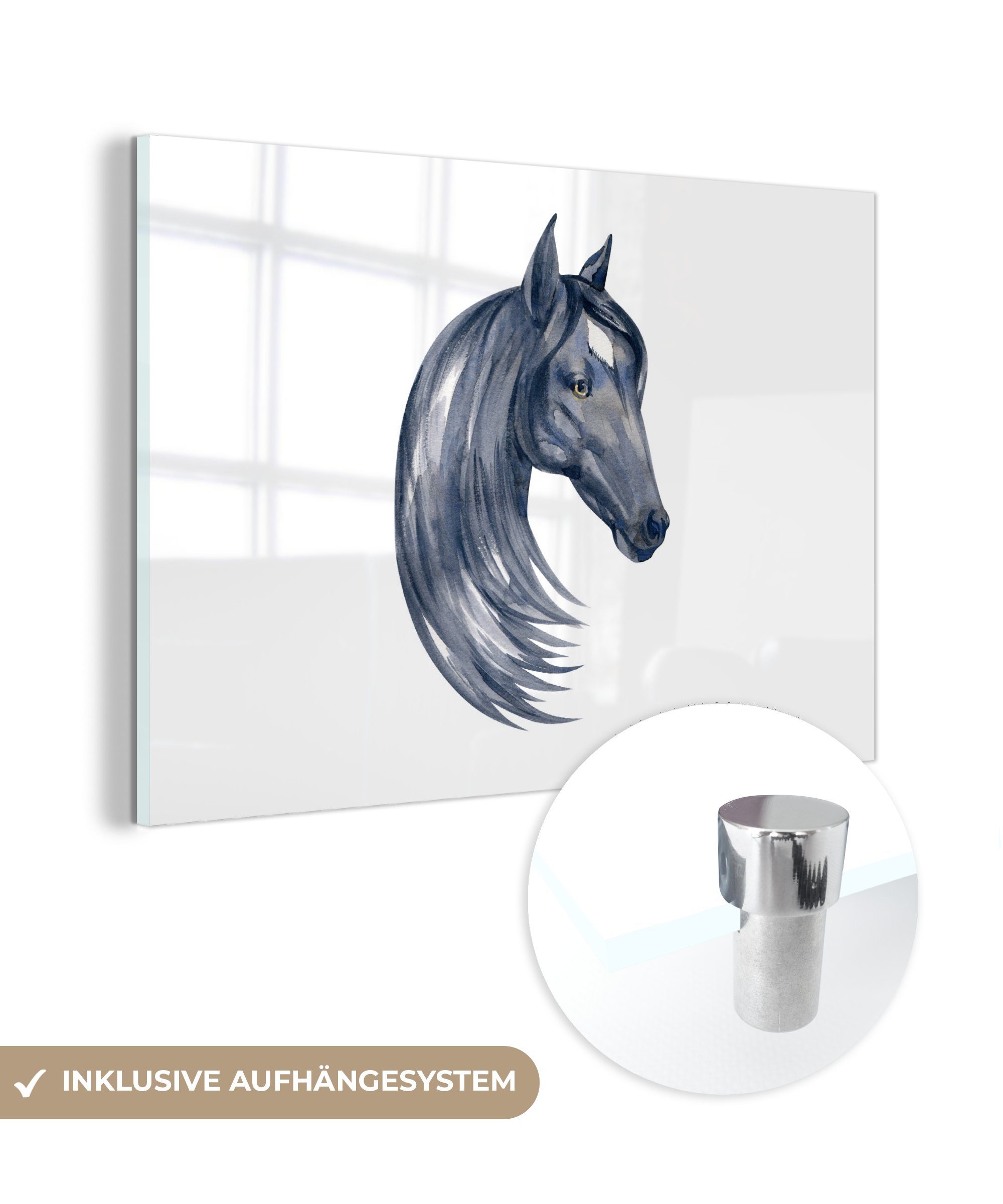 MuchoWow Acrylglasbild Pferd - Aquarell - Kariert - Mädchen - Kinder - Mädchen, (1 St), Glasbilder - Bilder auf Glas Wandbild - Foto auf Glas - Wanddekoration
