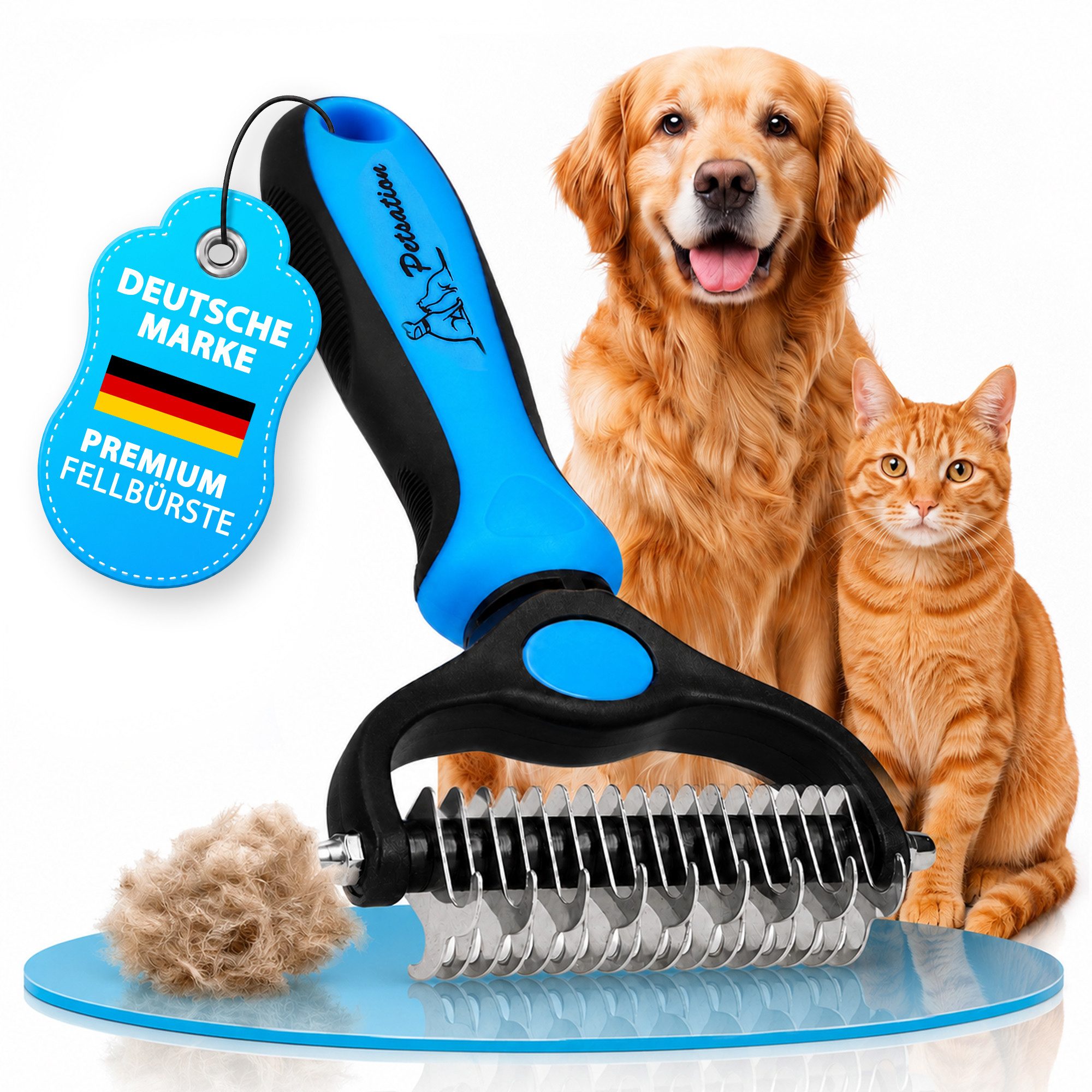 Petsation Fellbürste Unterwollbürste für Hunde & Katzen Fellpflegebürste, Entfilzungsbürste, Edelstahl, Abgerundete Edelstahlzinken, Anti-Rutsch-Griff, Massageeffekt