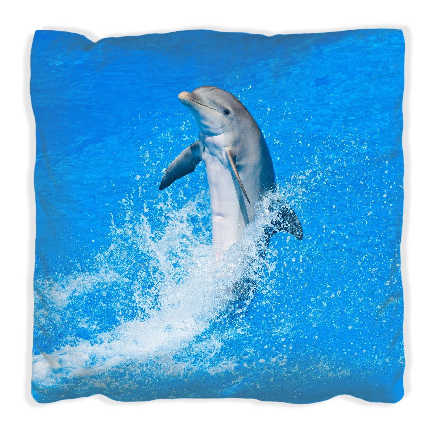 Wallario Dekokissen Fröhlicher Delfin im blauen Wasser, handgenäht