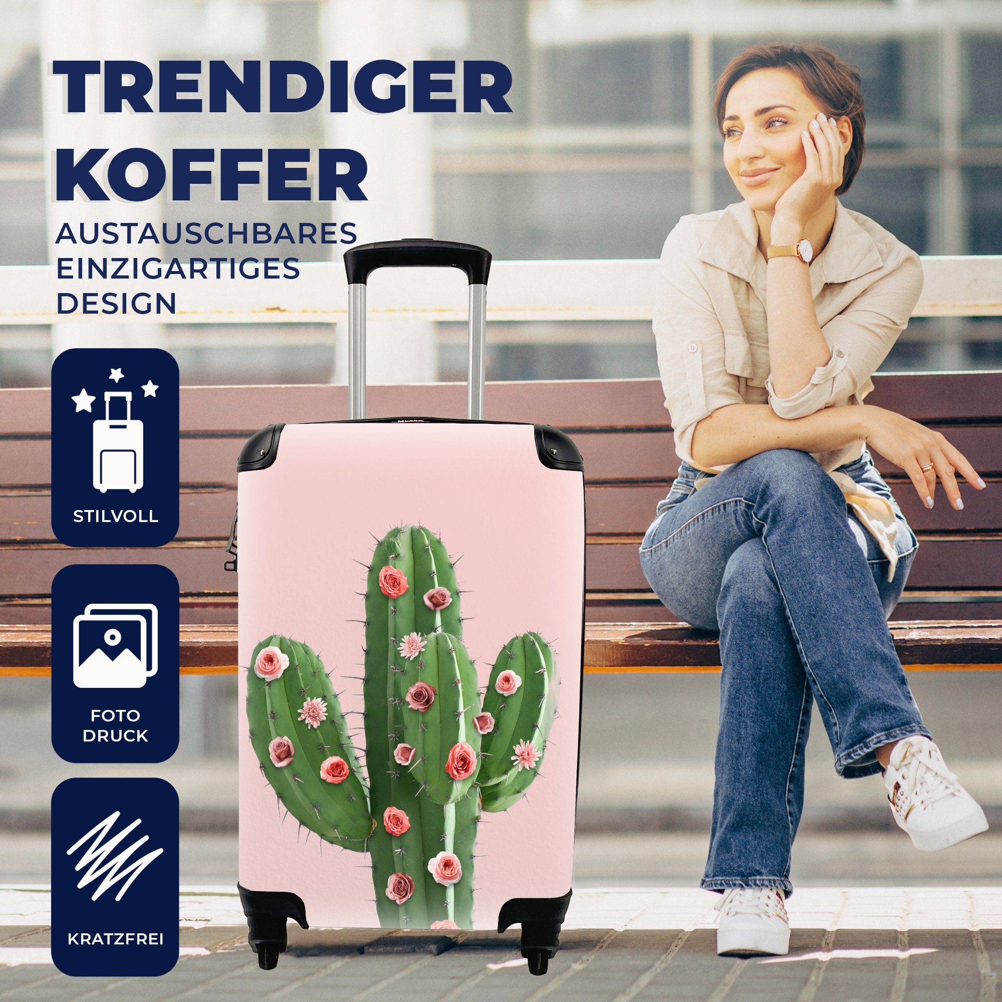 MuchoWow Handgepäckkoffer Kaktus für Reisetasche - Blumen, Rollen, rollen, - Trolley, Ferien, 4 Stilleben mit Reisekoffer Handgepäck