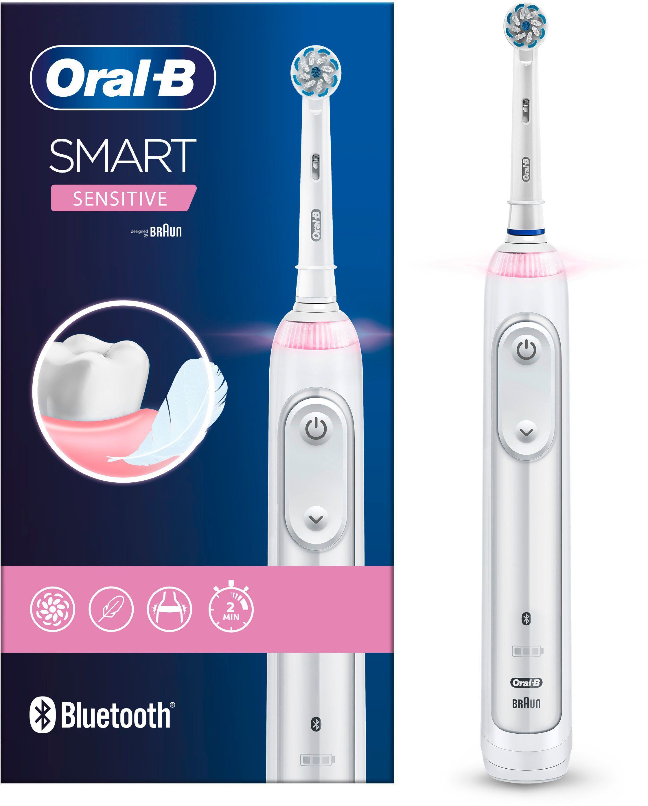 Oral B Elektrische Zahnbürste Smart Sensitiv, Aufsteckbürsten: 1 St.,  bestehend aus 1 elektrischen Zahnbürste mit Ladestation,  visuelle-Andruck-Kontrolle, App, Coaching, Echtzeit, sanft,  sensitive-clean-Bürstenkopf, Timer