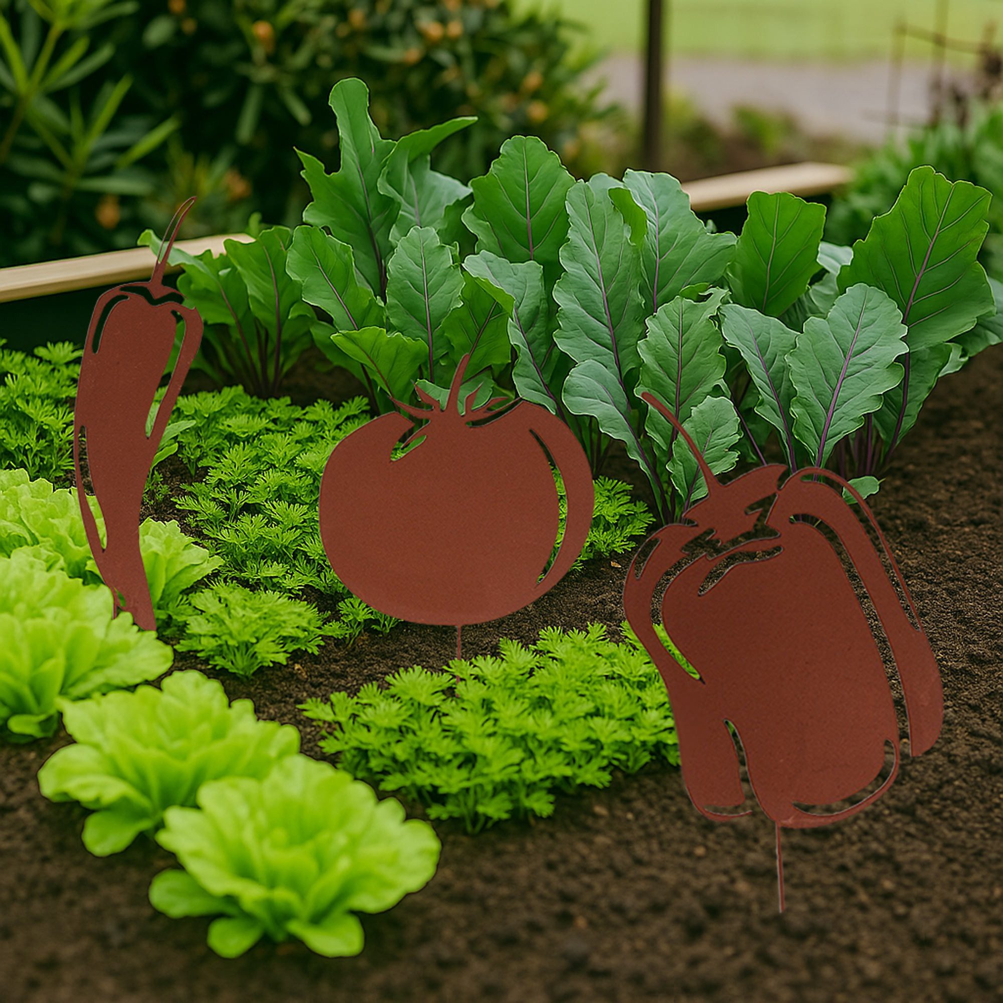 UNUS GARDEN Dekofigur Gartenstecker Mediterranes Gemüse (3er Set), Roststecker Gartenstecker Beetstecker Rostdeko Garten Ostern Frühling