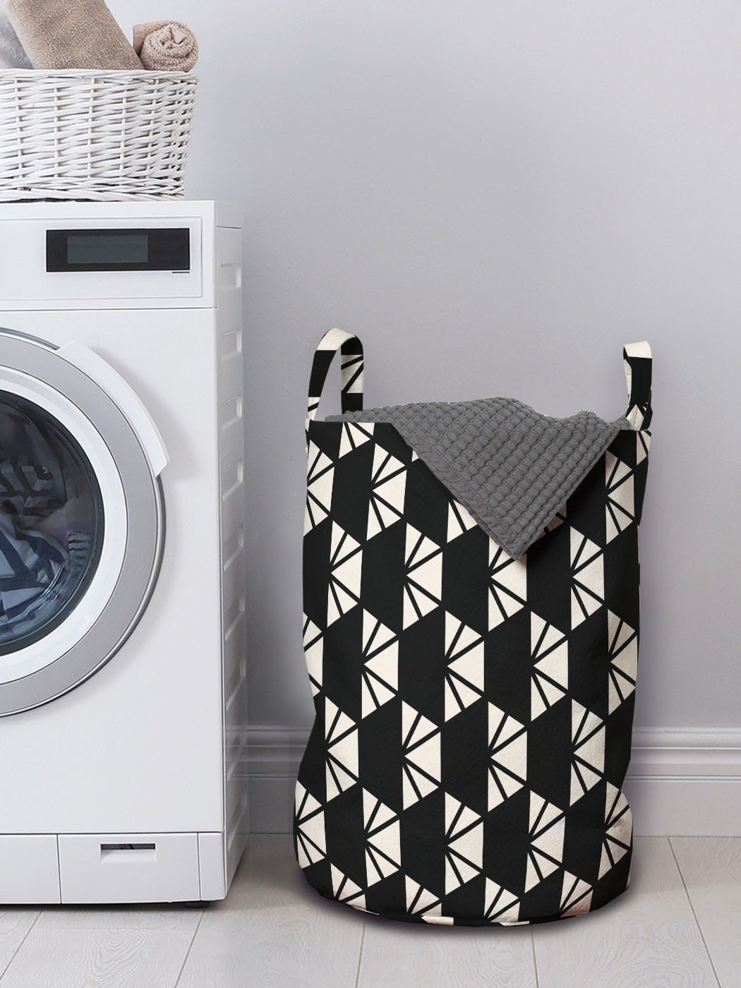 Modern mit Waschsalons, Abakuhaus Geometric Triangles Wäschesäckchen Griffen Kordelzugverschluss Monotone Wäschekorb für