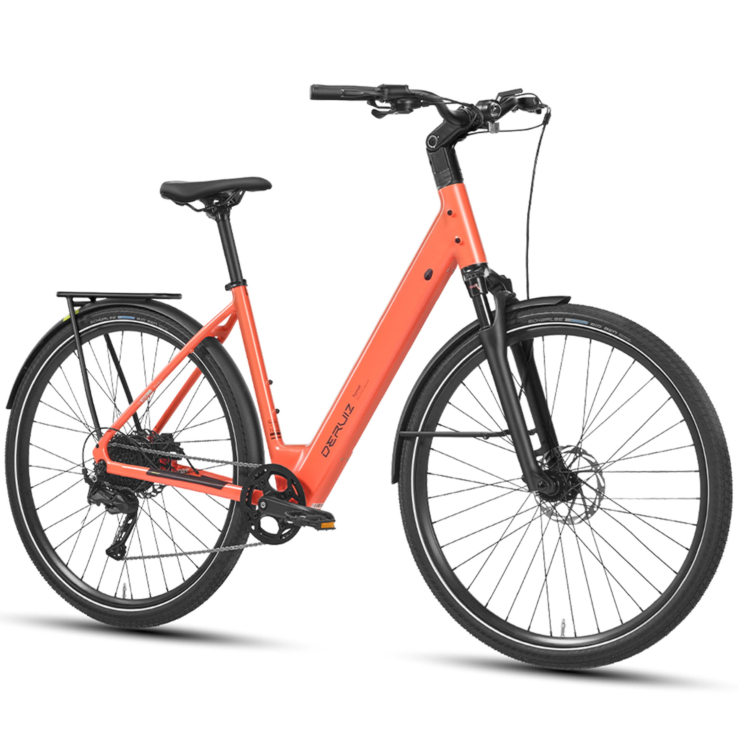 DERUIZ E-Bike Cityrad 28 Zoll, 110km, Kettenantrieb/Riemenantrieb, Bluetooth und APP, 9 Gang Shinamo, Kettenschaltung, Heckmotor, 360 Wh, (Traglast ca. 140kg, RH: 48,5cm, Tiefeinsteiger, für Damen und Herren), Kadenz- und Drehmomentsensor, 80Lux Licht, Elektrofahrrad