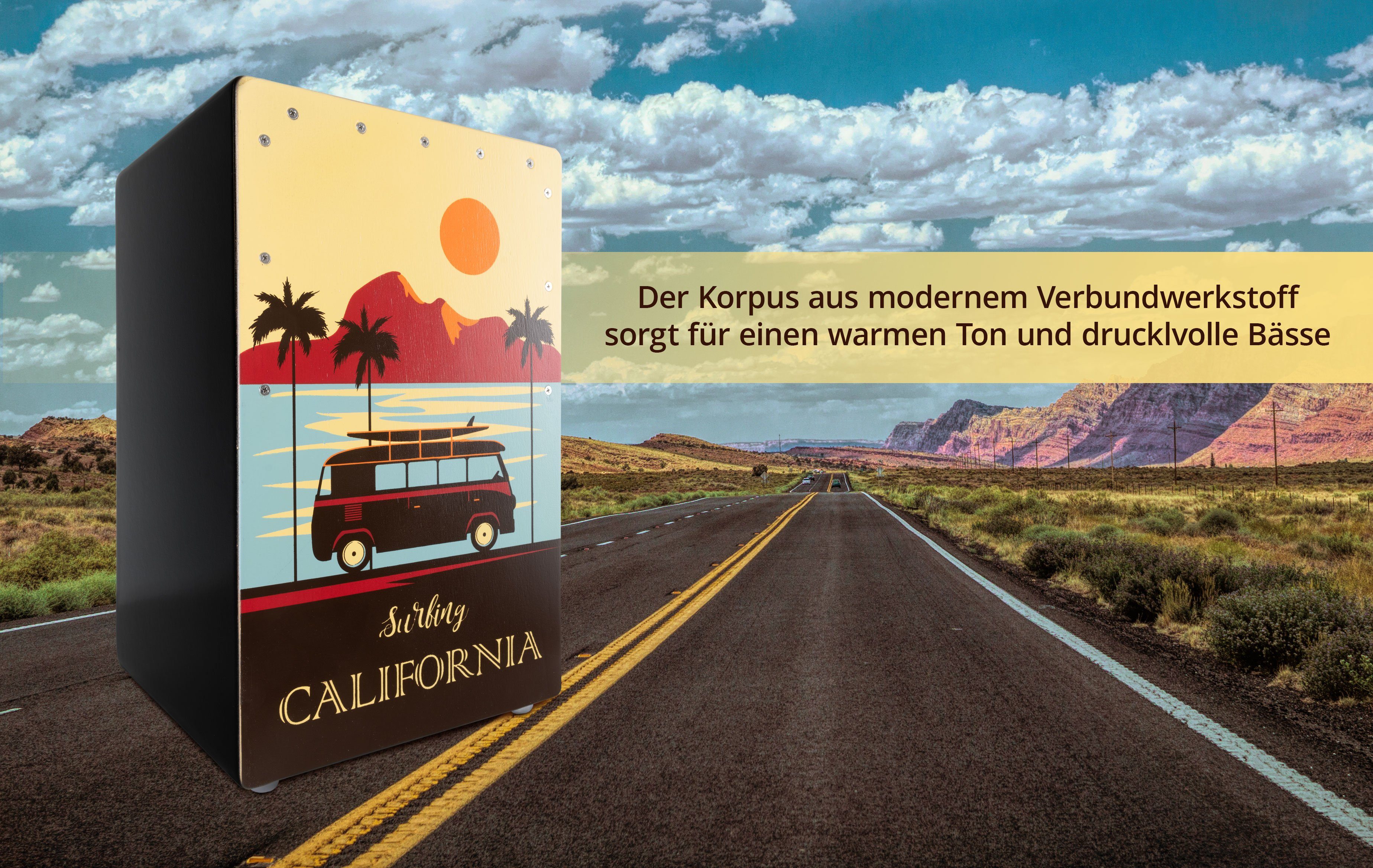XDrum Cajon Designer-Cajon mit Kunstdruck "California", Bass Port & Snare Teppich mit 20 Spiralen