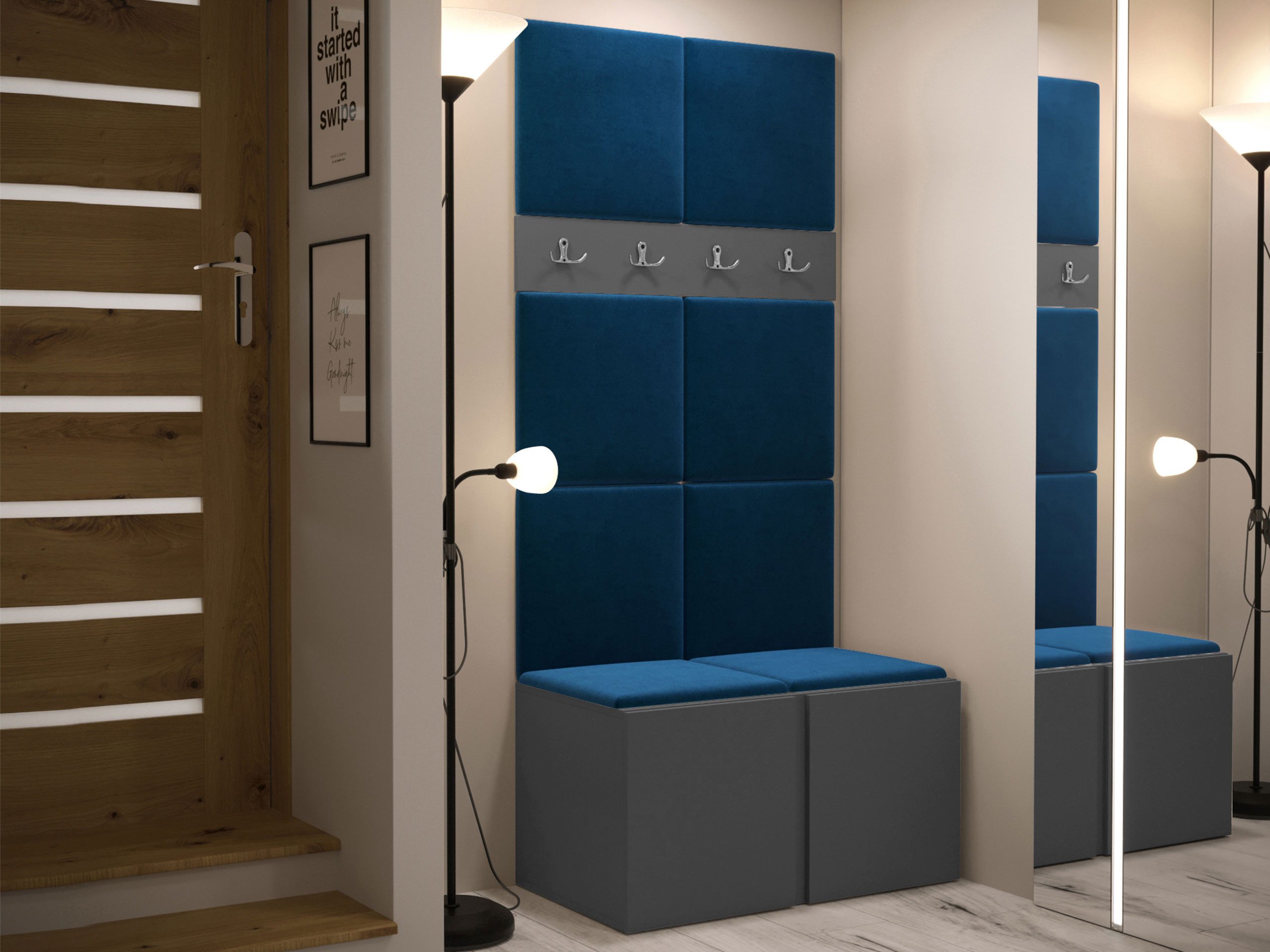 MIRJAN24 Garderoben-Set Orion IV, (Komplett-Set, mit Schuhschrank, Kleiderhakenbrett, Gepolstertes Paneel 8x 42x42), Auswahl aus Fronten und Polsterplatten