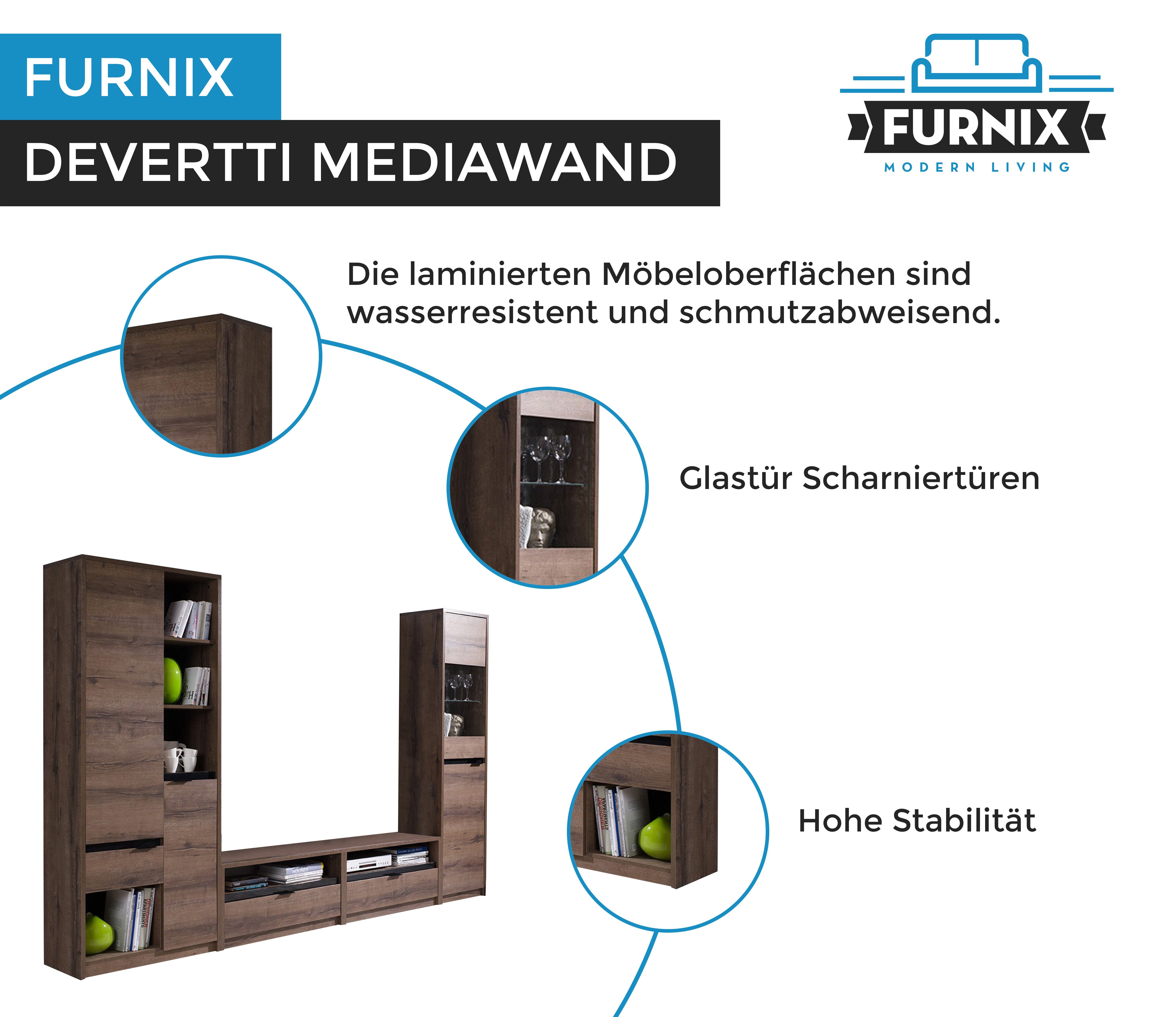 Furnix TV-Schrank, Wohnwand beinh: DEVERTTI 2x Standvitrine 4-teilige Hochregal, Monastery/Schwarz Glanz, Mediawand 1
