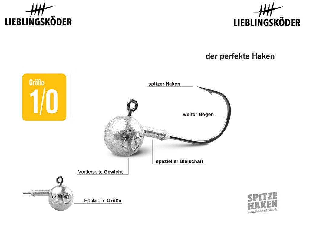 Lieblingsköder Jighaken Lieblingsköder Jigkopf-Set 1/0 - 16 Jigköpfe + 25 Snaps, (Jighaken-Set #/0 incl. Snaps), super Scharf - passend für 6 cm Köder
