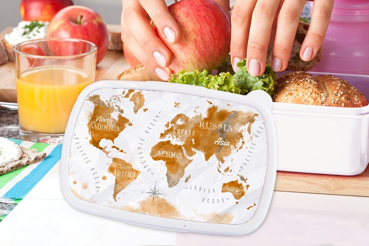 MuchoWow Lunchbox Karte Jungs Erwachsene, Brotbox - und Kinder und (2-tlg), für Kunststoff, Brotdose, Welt, - Gold für weiß Mädchen