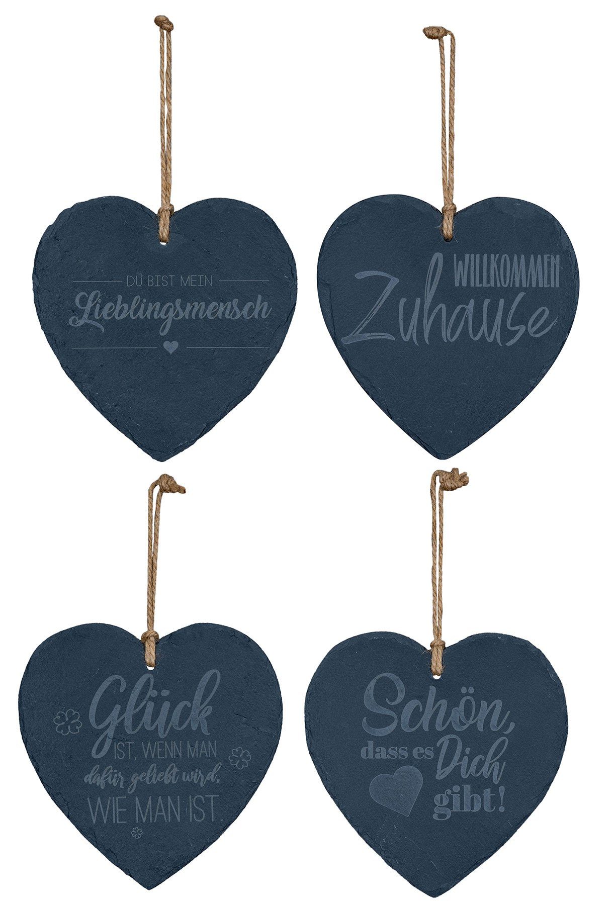 Levandeo® Memoboard, 4er Set Schiefertafel Herz 20x20cm Sprüche Schieferplatte Memotafel