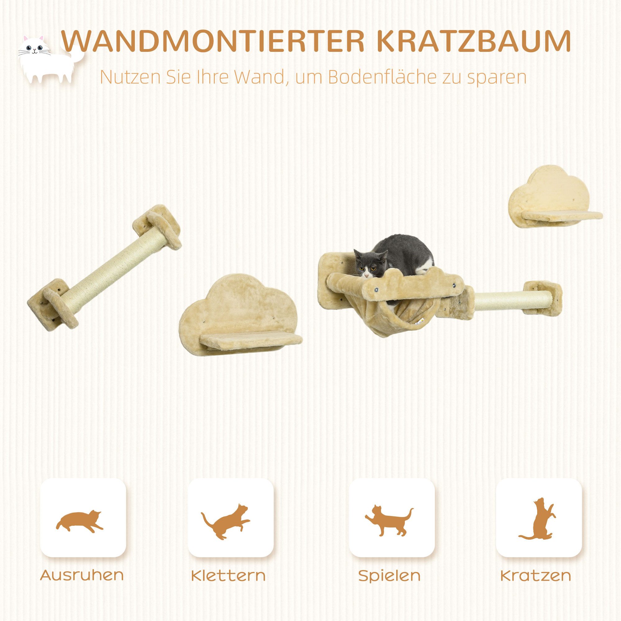 furnicato Katzen-Kletterwand Katzentreppe 5-teilig, 2 Kratzstämme, 2 Plattformen, Hänge