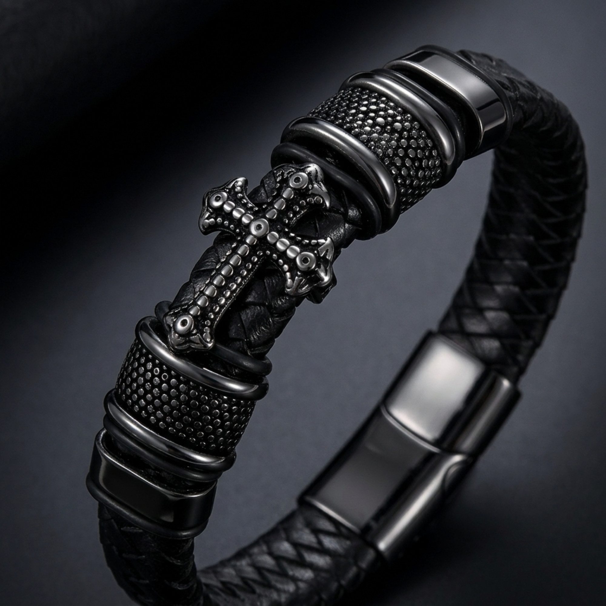 UNIQAL.de Lederarmband GLORY mit Kreuz – handgeflochtenes Echtleder & Edelstahl (Magnetverschluss mit Verlängerungsglied, edles unisex Geschenk, Handgefertigt), – Bild 3 von 5