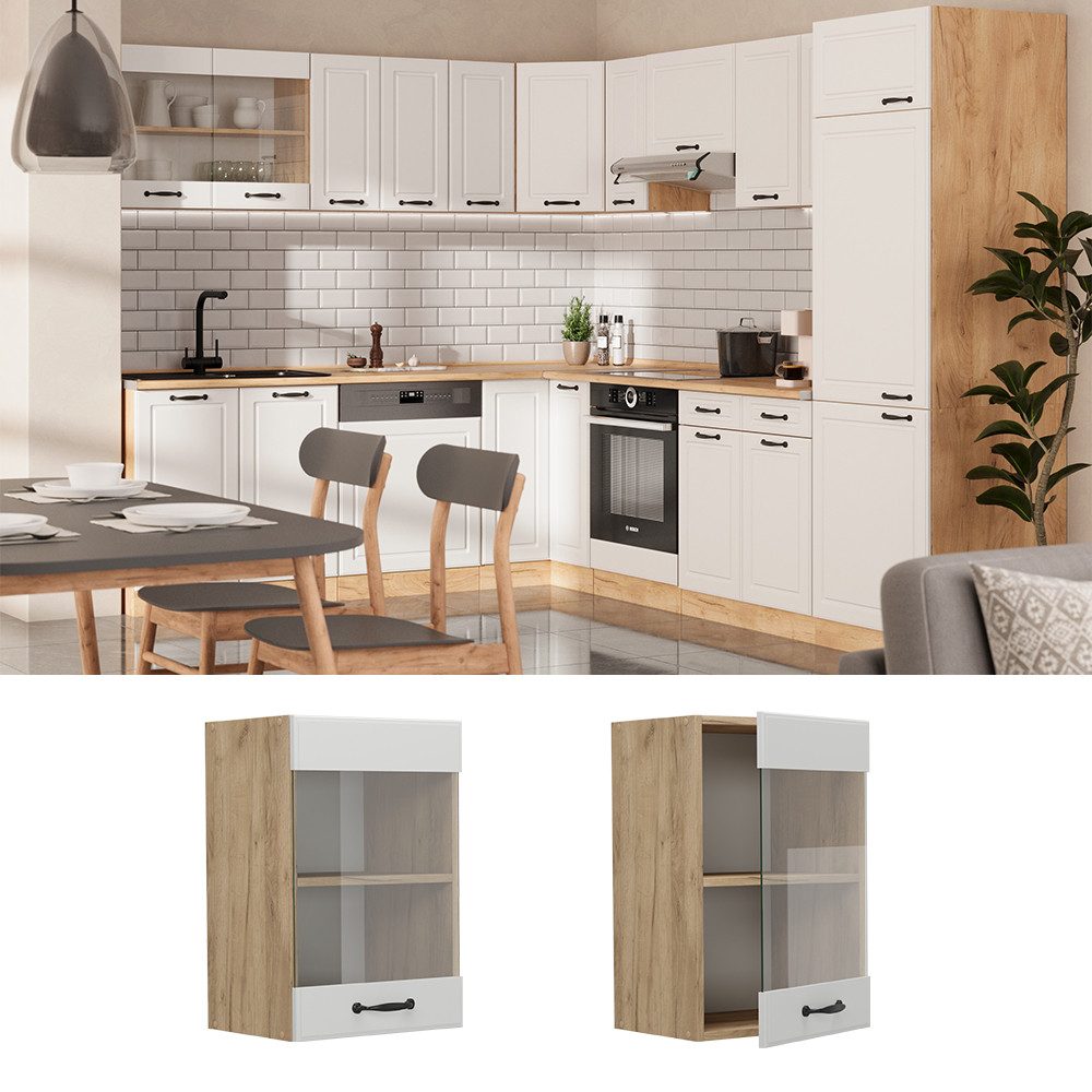 Vicco Glashängeschrank R-Line, Weiß Landhaus/Goldkraft Eiche, günstig online kaufen