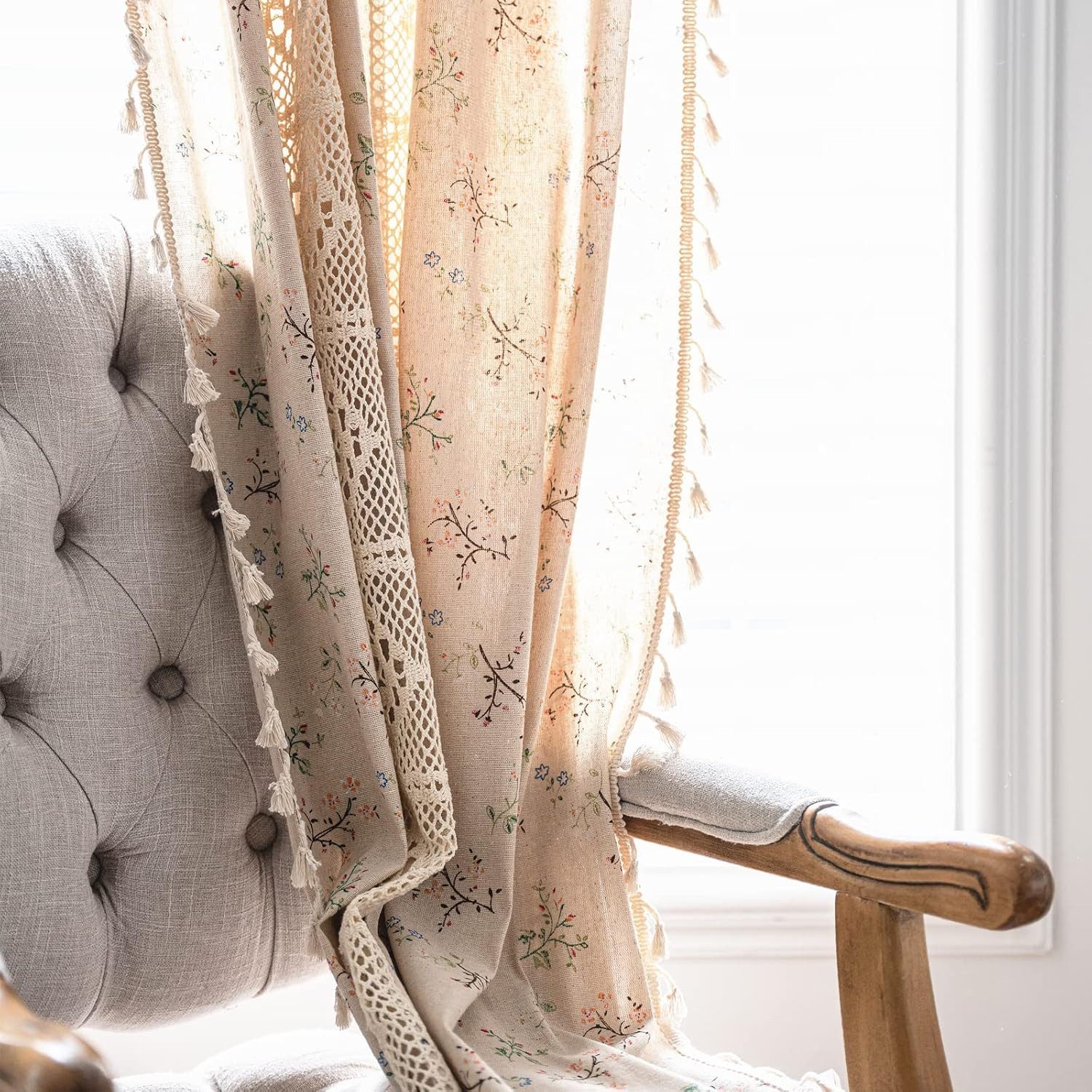 Zyronn Vorhang Blumenmuster Vorhänge, Vintage Fransen Vorhänge, Boho Stil Dekor Vorhänge