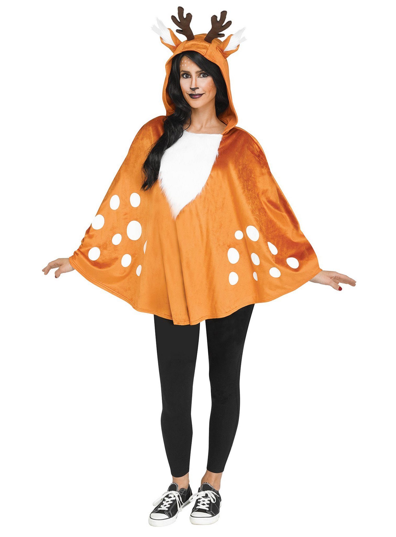 Fun World Kostüm Reh Poncho Rentier Karnevalskostüm Damen Fasching, Leichter Kapuzen-Überwurf für Bambis und Faune