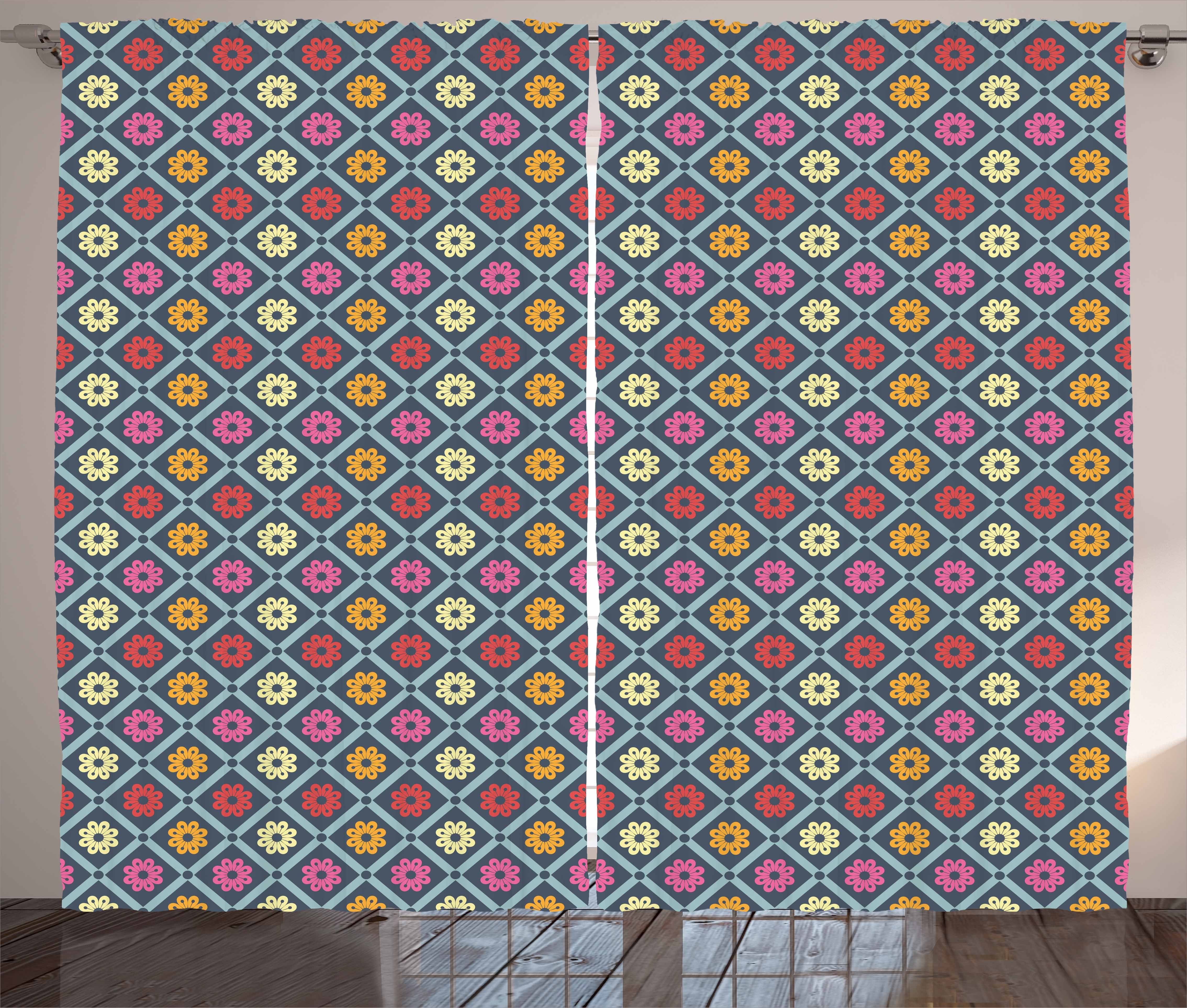 Gardine Schlafzimmer Kräuselband Vorhang mit Schlaufen und Haken, Abakuhaus, Bunt Checkered Floral Retro