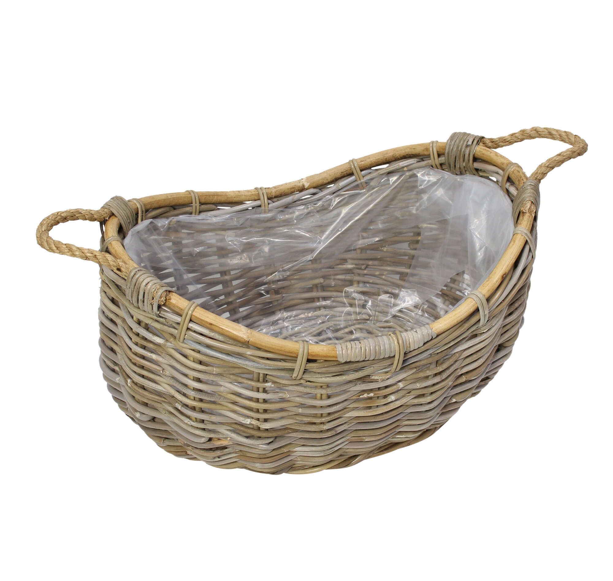 Dekoleidenschaft Pflanzschale "Koobo Grey" XXL Rattan Pflanzkorb, Blumentopf Pflanzkübel Pflanztopf, 58 x 43 cm, Blumenkorb