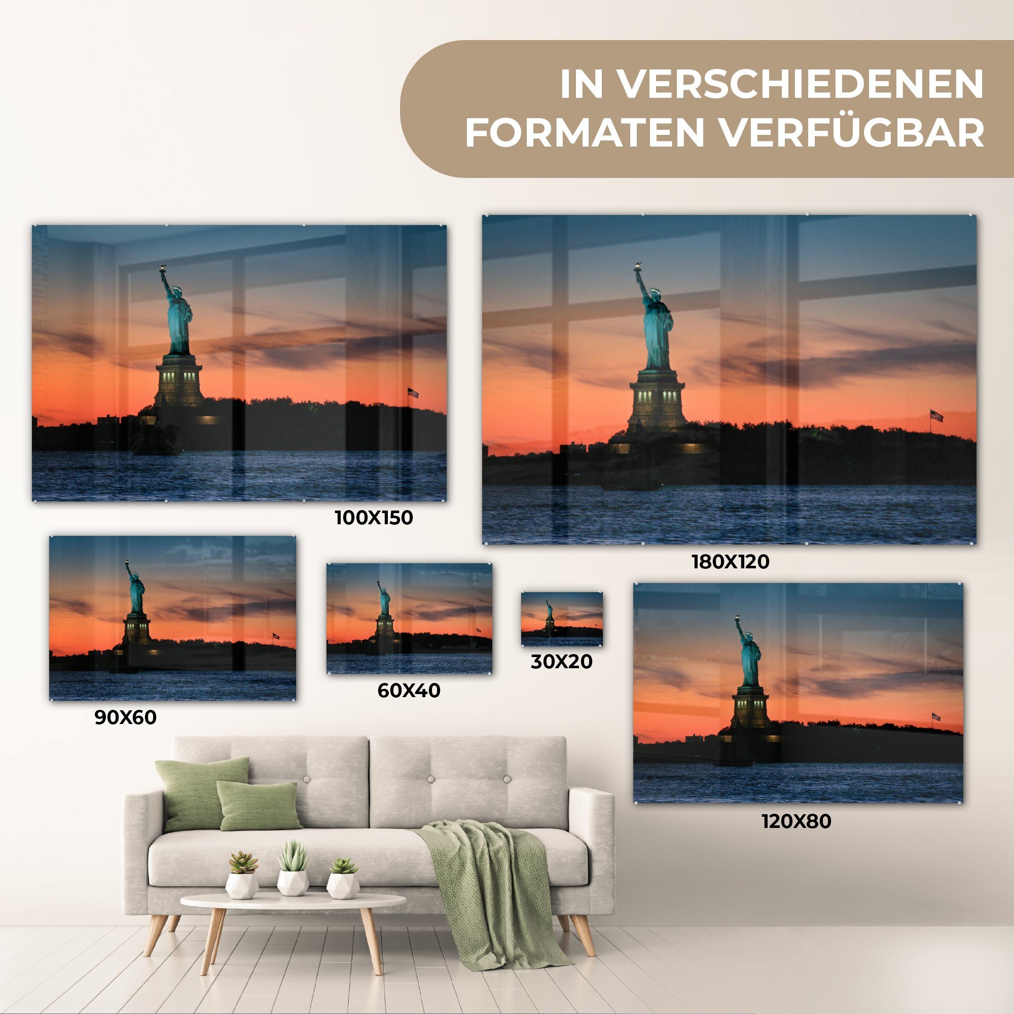 & Acrylglasbilder St), der Amerikanische beleuchtet, Dämmerung in Wohnzimmer MuchoWow Freiheitsstatue (1 Acrylglasbild Schlafzimmer