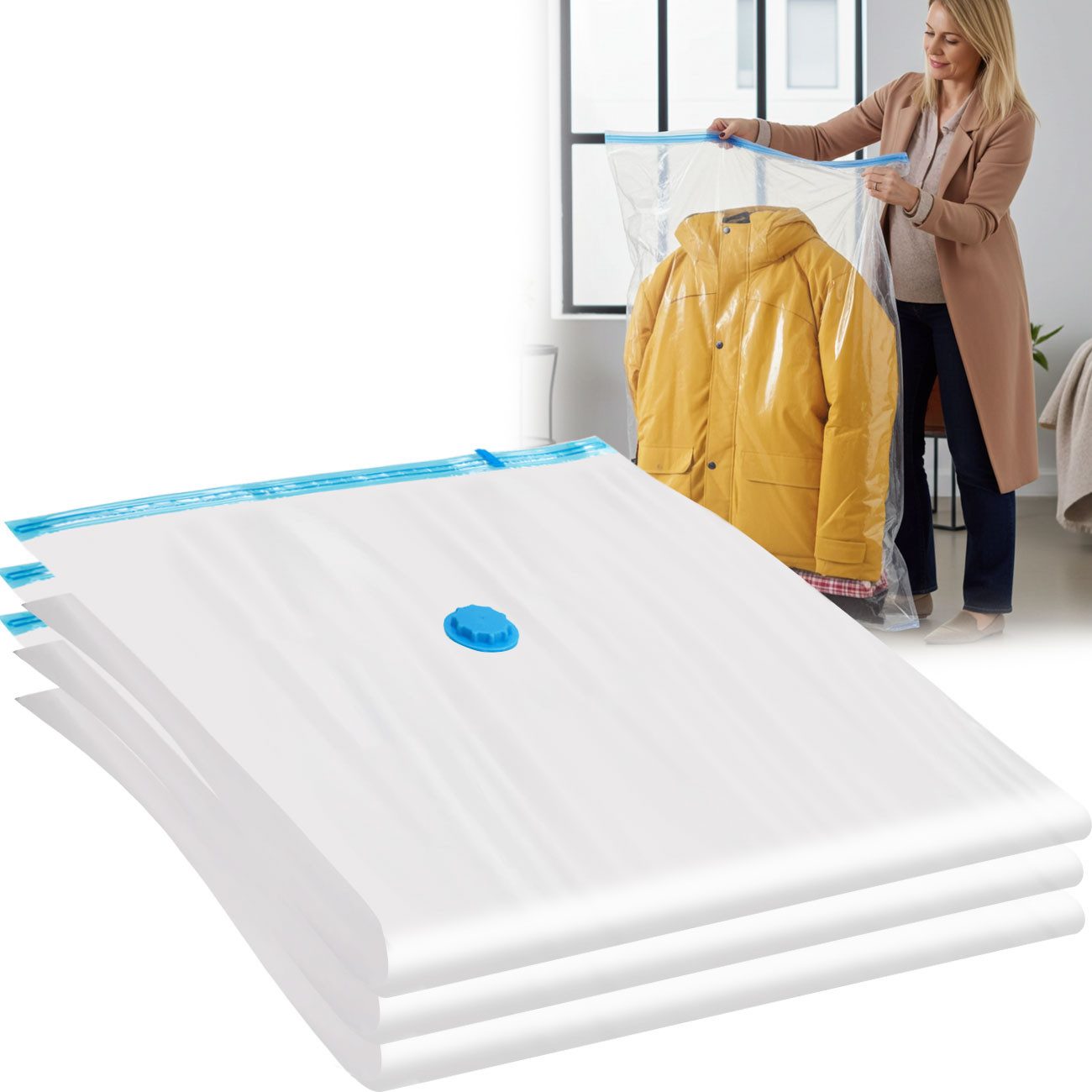 shop'n smile ideoon Vakuumierbeutel Vakuumbeutel XL 80x120cm platzsparend Kleiderbeutel für Staubsauger, Universal-Vakuumventil/Luftdicht/PA+PE Kunststoff/Reißfest