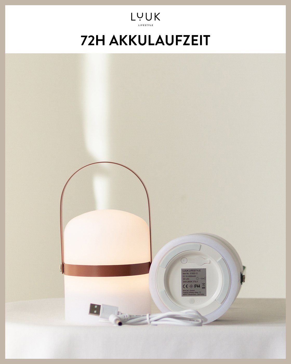 LUUK LIFESTYLE LED Außen-Tischleuchte Leuchtdauer, Terakotta Tragbar LED dimmbar, fest wiederaufladbare 72 integriert, Griff, Helligkeitsstufen, spritzwasserfest LED Ein-/Ausschalter, IP44, Sävar, Dimmfunktion, mehrere aufladbar Warmweiß, Std. USB Lampe, mit