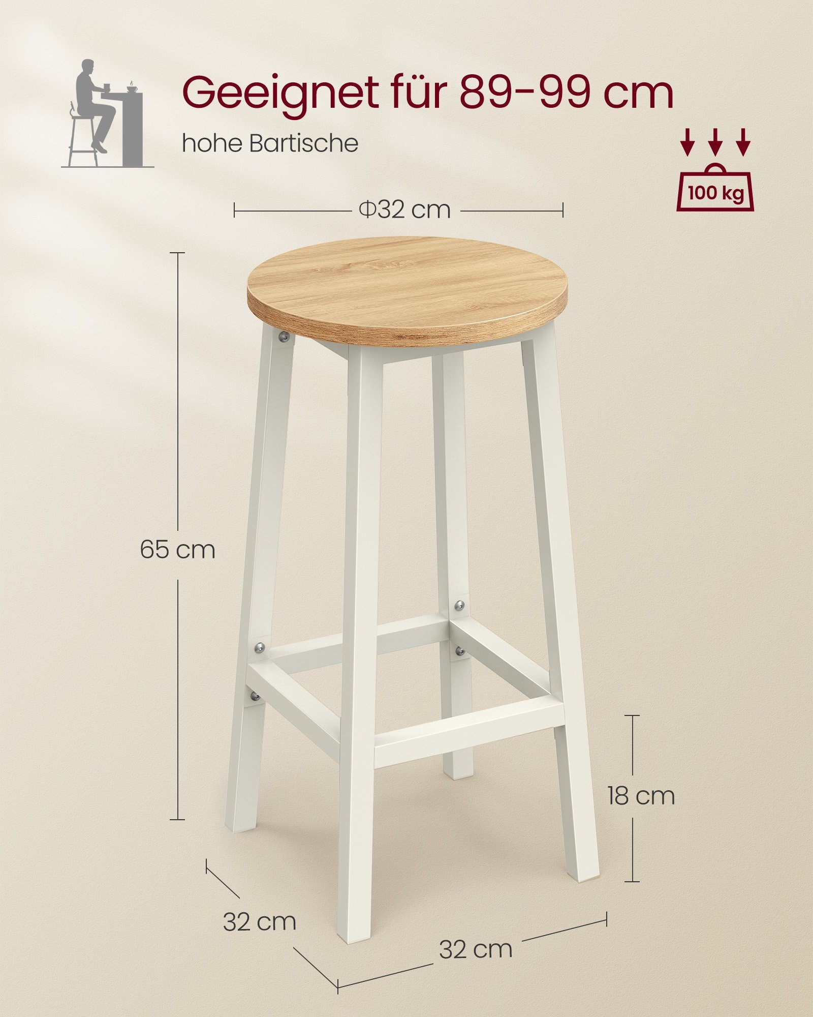 VASAGLE Barhocker Barstühle (Set, 2 St), Barhocker, 2er Set, Barstühle, 65cm/74cm