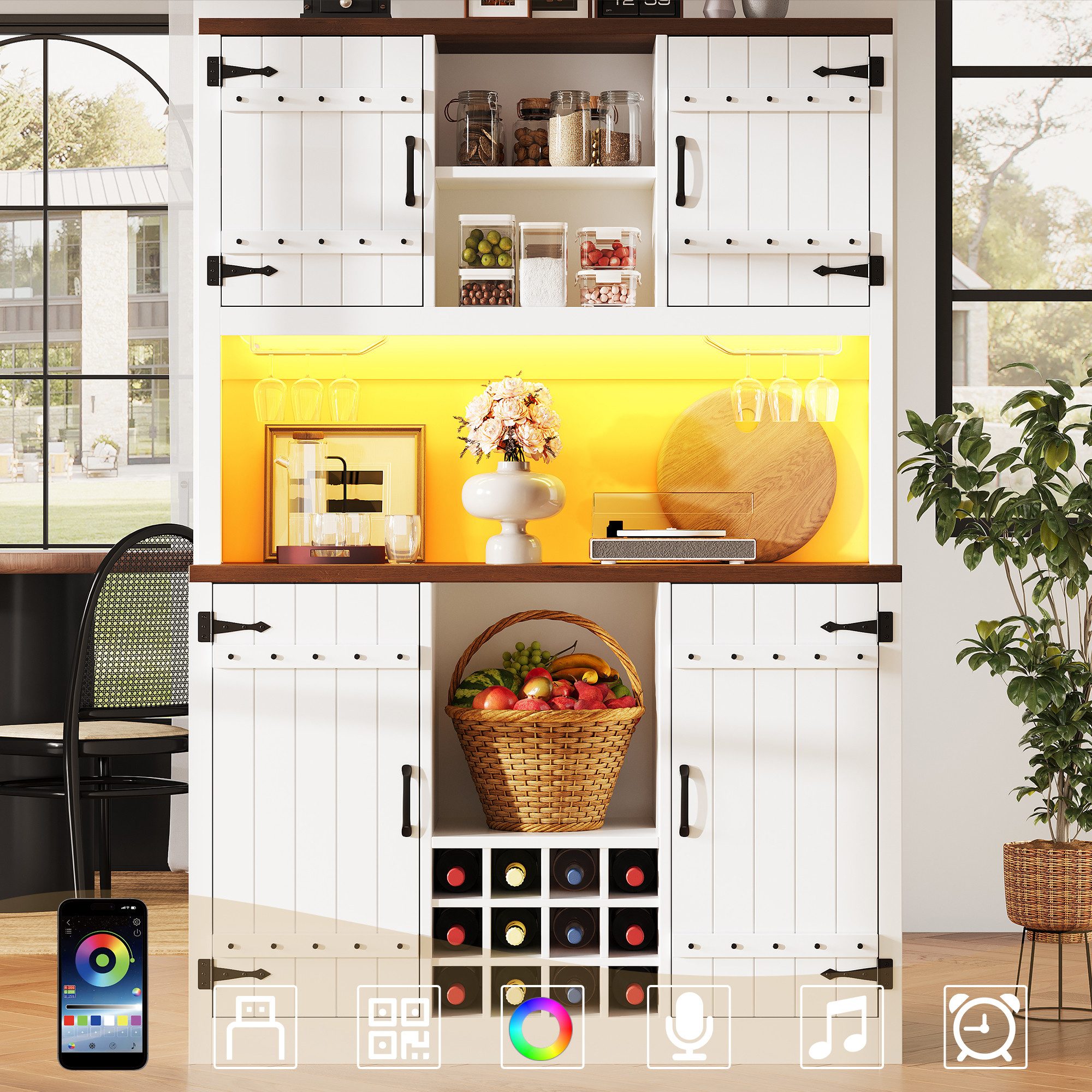 Flieks Küchenbuffet Hochschrank im Scheunentor-Stil mit LED-Beleuchtung, Weinregalen (B120/T40/H180 cm, 1-St) Küchenschrank mit …