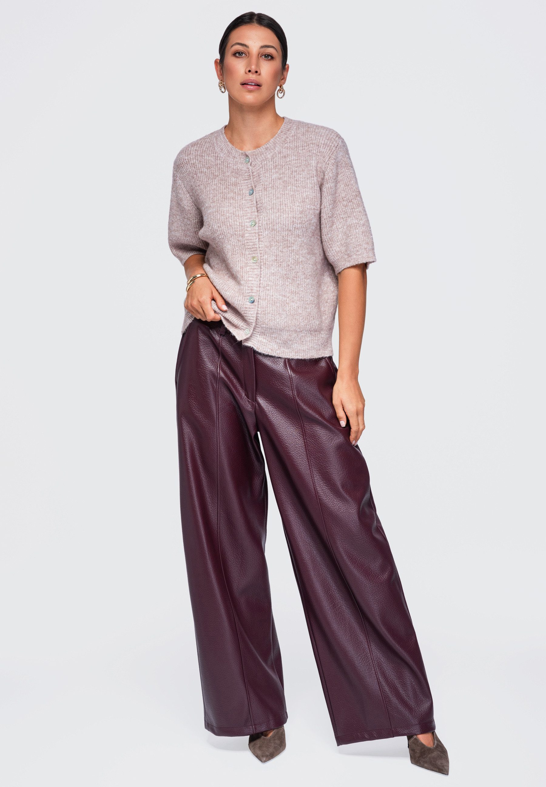 OMBRE Lederimitathose Damen Hochbundhose mit weitem Bein Bordeaux ONESIZE (kein Set, 1-tlg) in Unifarbe