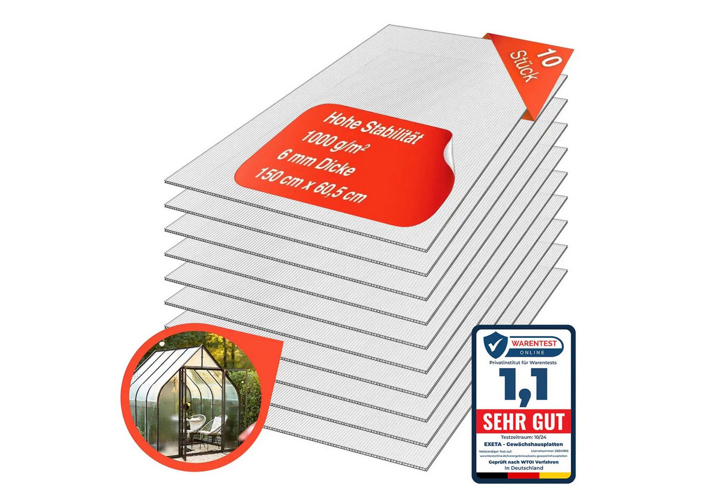 exeta Hohlkammerplatte Gewächshausplatten 6mm 10 Stück I 60,5 x 150 cm Polycarbonatplatten, (Spar-Set, 10x 6mm 60,5x150 cm)