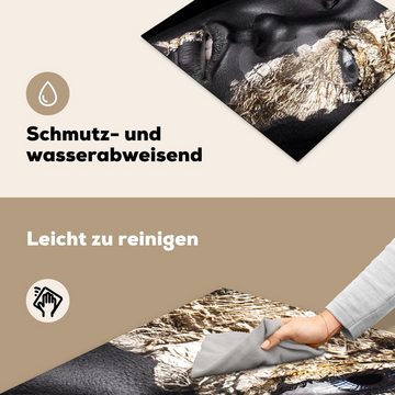 MuchoWow Herdblende-/Abdeckplatte Frau - Gold - Schwarz - Farbe - Luxus, Vinyl, (1 tlg), 58x51 cm, Küchen Dekoration für Induktionsherd, Induktionskochfeld