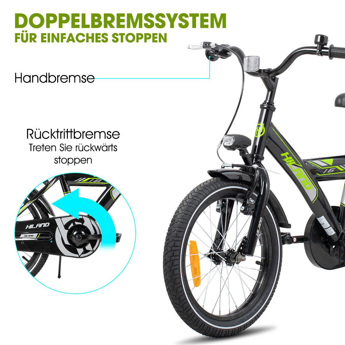 HILAND Kinderfahrrad Sentry 16/18 Zoll Jungen Kinderfahrrad für Kinder ab 4 bis 9 Jahren, 1 Gang, mit Rücksitz/Gepäckträger Stützräder Handbremse