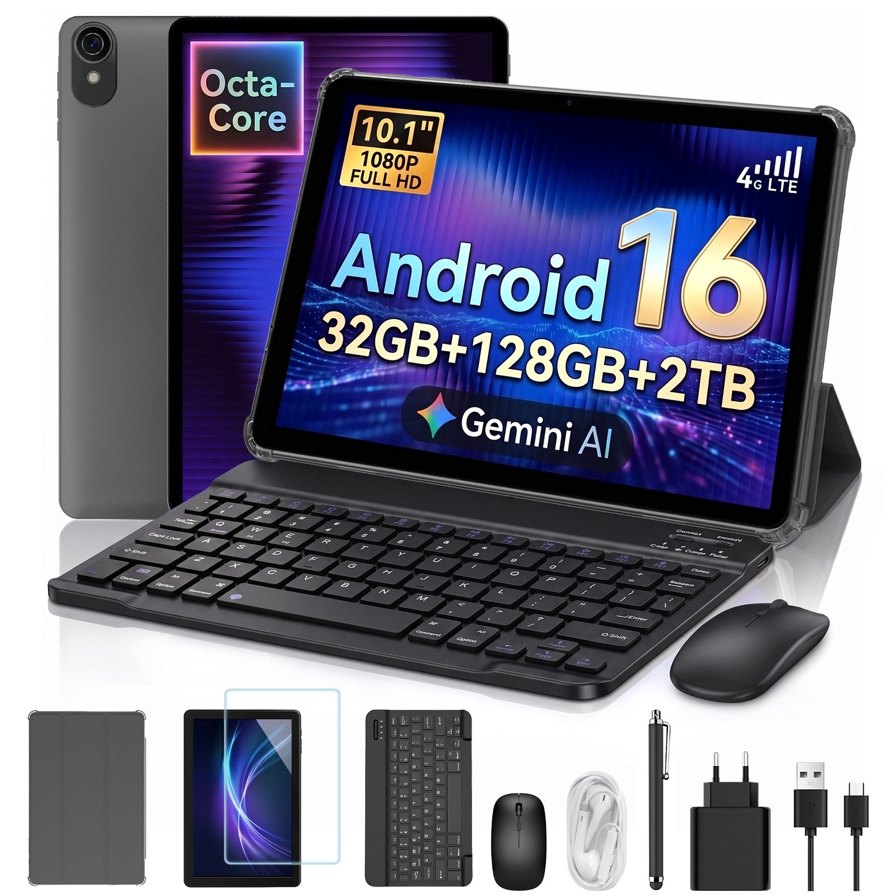 VekfulPC Android 16 4G LTE 5G Wifi 10,1" Tablet mit 6000 mAh Akku Set Tablet (10.1", 128 GB, Android16, 4G(LTE), Gemini AI 4.0, Widevine L1, mit Tastatur/Stift/Maus/Kopfhörer)