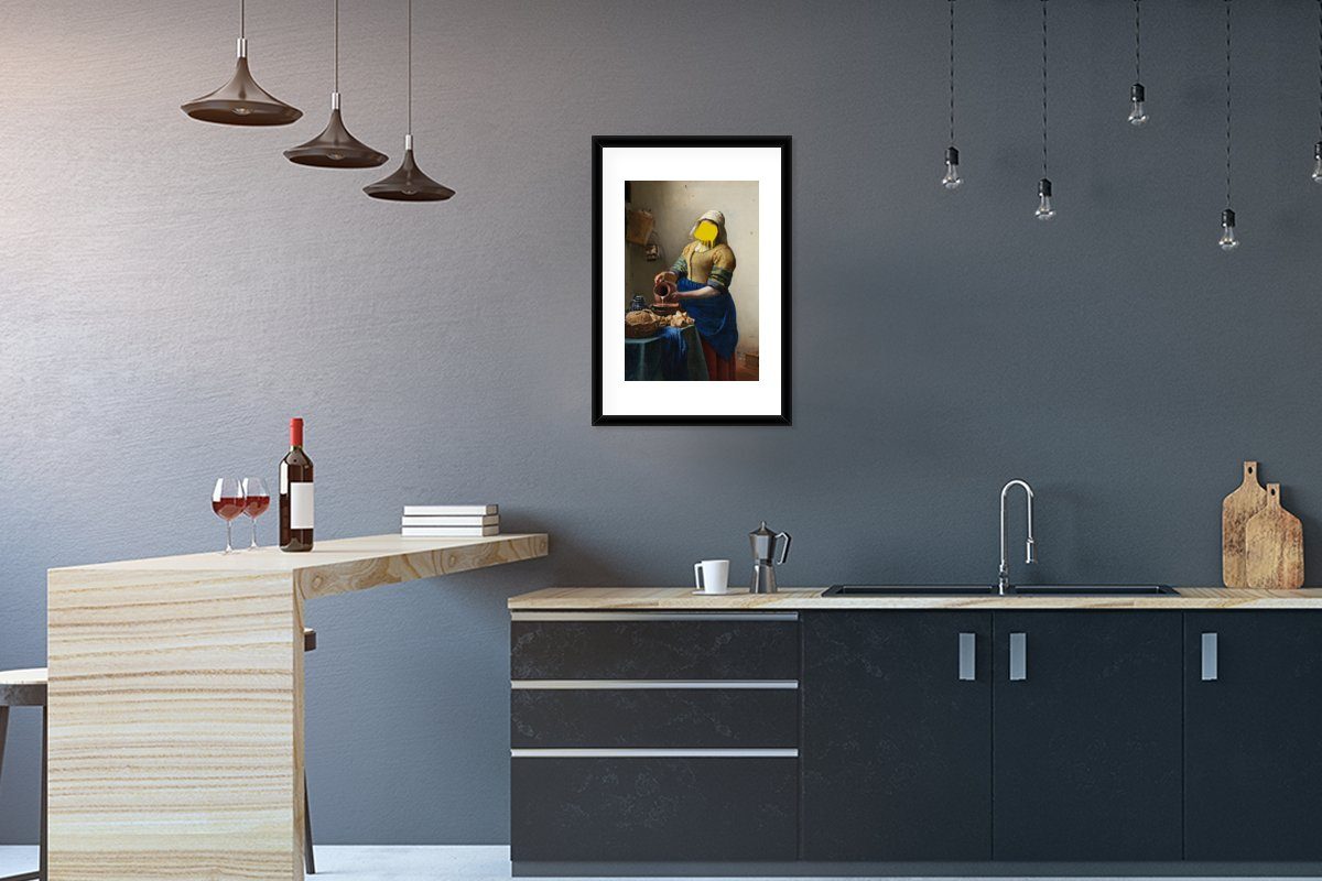 MuchoWow Poster Milchmädchen - Johannes Vermeer - Gemälde, (1 St), mit Rahmen, Kunstdruck, Gerahmtes Poster, Schwarzem Bilderrahmen