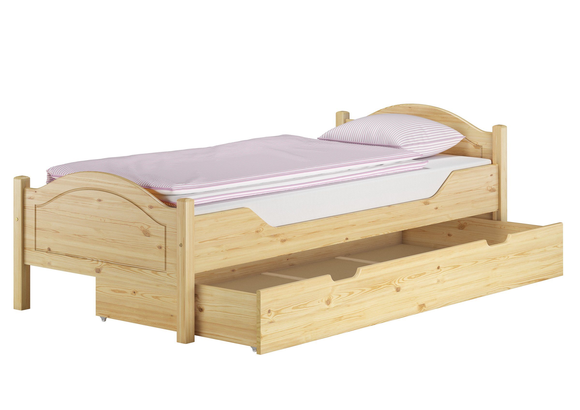 ERST-HOLZ Bett Einzelbett Kiefer 100x200 mit Rost, Matratze und Bettkasten, Kieferfarblos lackiert